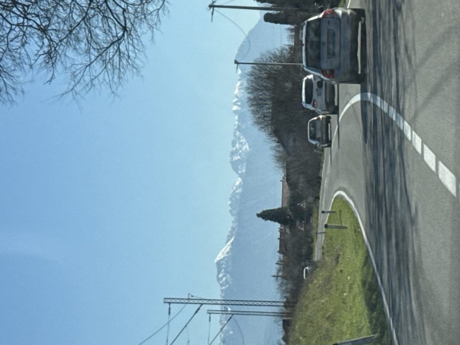 This image depicts a daytime scene in Bistrice, Montenegro, on a clear day with a bright blue sky. A two-lane asphalt road curves gently to the left from the foreground, marked with a solid white line on the right edge and a broken white centerline. Several elongated shadows are cast across the road from the right side.
Three passenger vehicles are visible on the road, receding from the viewer. The closest is a silver/grey Volvo station wagon, followed by a white SUV, and a smaller, light-colored sedan further down the curve. On the left side of the road, a grassy embankment rises, dotted with several white, reflective road markers. A white vehicle is parked or pulled over on this grassy verge further along the curve. Overhead utility lines, supported by multiple metal poles with lattice structures, are visible on the far left.
In the mid-ground, a cluster of houses with terracotta-colored roofs is present, partially obscured by bare deciduous trees and shrubs. A prominent, tall, dark green conical tree stands among these structures. Triangular warning road signs are also partially visible near the houses. On the right side of the road, a street light pole and a utility pole with power lines are present. The upper right corner is partially framed by the bare branches of a deciduous tree.
In the distant background, a range of snow-capped mountains stretches horizontally under the clear blue sky, forming the horizon. No individuals are discernible within the frame.