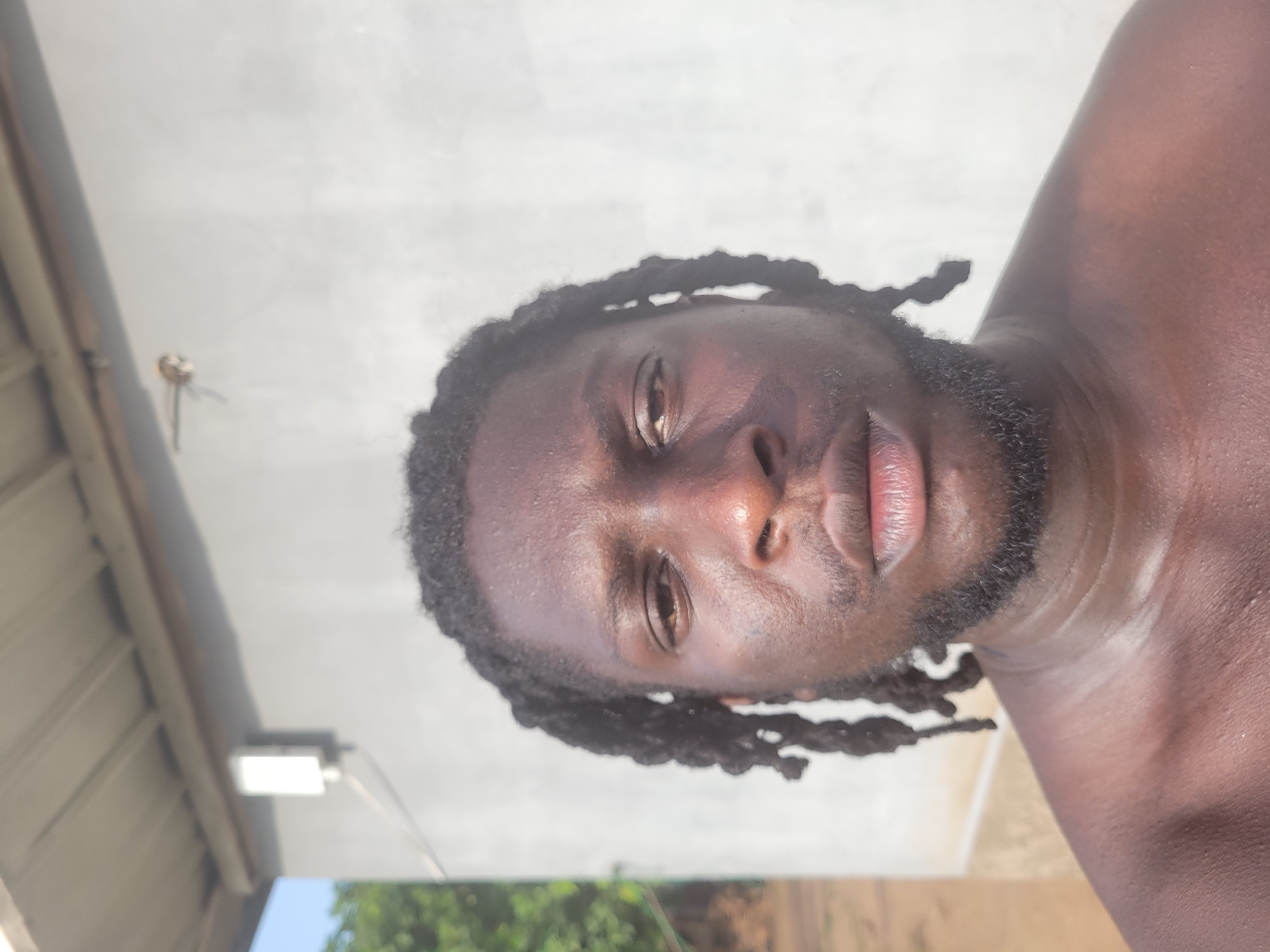 A vertically oriented close-up portrait, rotated 90 degrees clockwise, features an adult male with dark skin, facing the viewer with a neutral expression. He has dark dreadlocks pulled back from his face and a short, neatly trimmed beard. The man is shirtless, with the upper part of his right shoulder visible in the lower right foreground. The setting appears to be an outdoor or semi-outdoor area, such as a veranda or porch, under bright daylight in Makurdi, Nigeria.
The background consists of a light-colored, possibly concrete ceiling or wall. A small, white light fixture is mounted on the left side of this structure. Below the light fixture, blurred green foliage and trees are visible, indicating an outdoor environment. A small, flying insect, possibly a dragonfly or moth, is subtly captured near the top left against the bright background. The strong natural lighting highlights the contours of the man's face. No discernible text is present in the image.