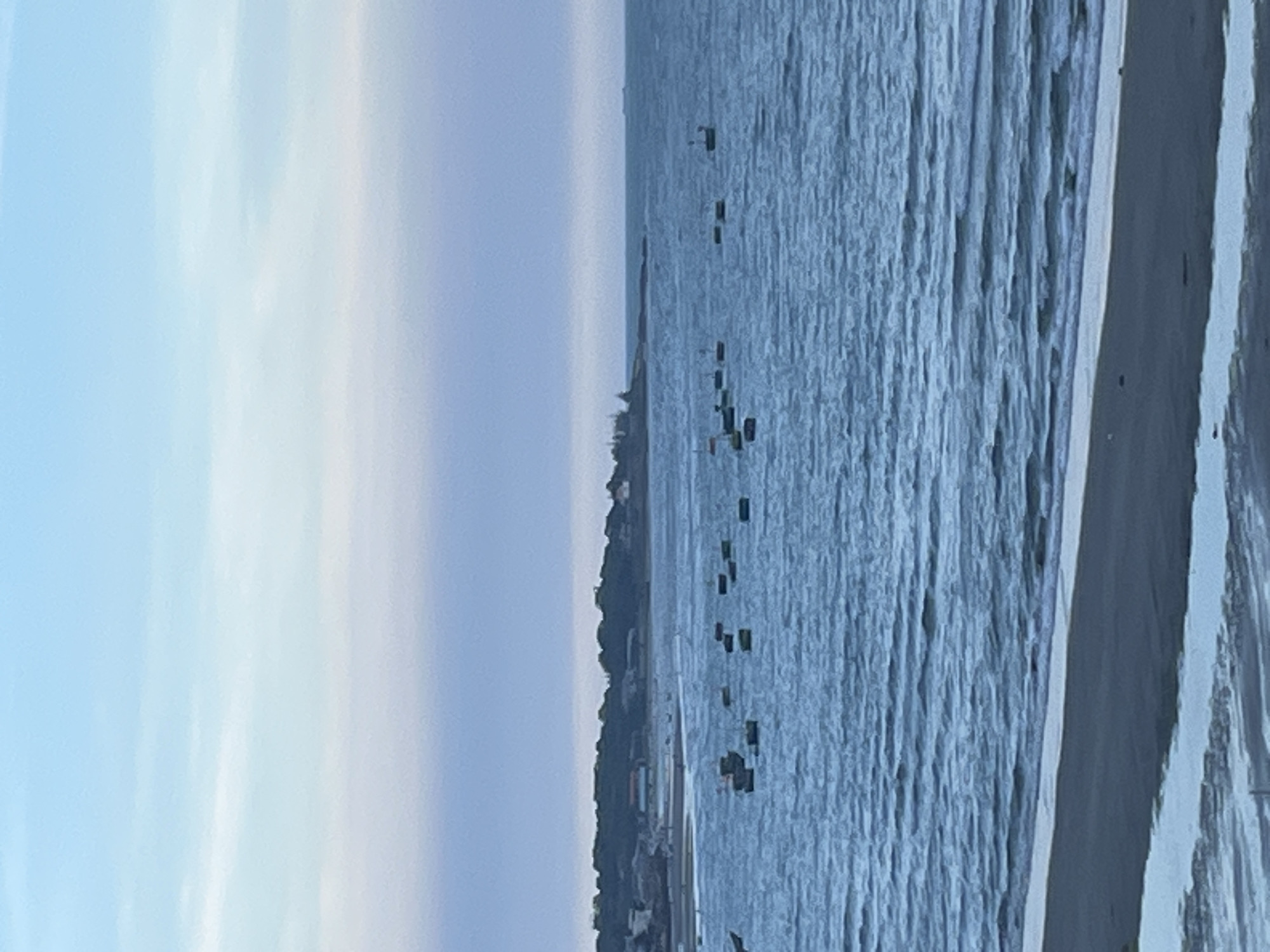 This is a vertical, high-angle shot of a coastal scene. The image is dominated by a vast expanse of water, likely the sea, with distinct ripples suggesting a gentle movement. Scattered across the water are numerous small, dark, rectangular objects, possibly buoys, crates, or small floating structures. In the distance, a long, thin peninsula or breakwater extends into the water, lined with a dense, dark green strip of trees or vegetation. Along the shoreline of this peninsula, there are visible buildings, suggesting a populated area or a small town.
To the left of the frame, a gradient of soft, pale blue and white colors fills the space, indicative of the sky. The transition from the darker blue of the water to the lighter hues of the sky creates a sense of depth and open space. The right side of the image shows a light-colored sandy area, likely a beach, with faint parallel lines suggesting textures or erosion patterns.
The lighting suggests it might be early morning or late afternoon due to the soft, diffused light and the absence of harsh shadows. The overall mood is serene and tranquil, with the repetition of the rectangular objects in the water adding a subtle visual rhythm. There is no visible text in the image. The scene is characteristic of a coastal town in a tropical or subtropical region, possibly related to fishing or aquaculture given the floating objects.