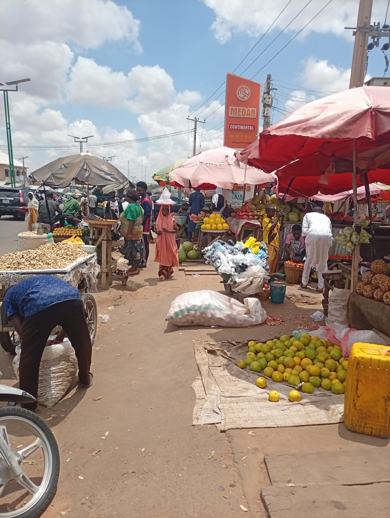 This is a ground-level, full-shot photograph of a bustling outdoor market scene, likely in Gombe, Nigeria. The image is dominated by stalls laden with various produce, predominantly fruits and nuts. A large tarp displaying a mound of peanuts is prominently featured in the foreground left. To the right, a pile of green citrus fruits, possibly limes or small oranges, is spread across a grey tarp, with a bright yellow plastic container to its right. In the mid-ground, several market stalls are visible, covered by colorful umbrellas and awnings, displaying a variety of fruits like pineapples, bananas, and what appear to be oranges or mangoes. Numerous people, dressed in casual and traditional attire, are engaged in market activities, with some tending to their stalls and others browsing or interacting. A sign for "MEDAN CONTINENTAL HOTEL" is visible in the background, suggesting a possible landmark. The ground is dusty and uneven, indicative of an outdoor, possibly informal, marketplace. The sky above is partly cloudy with a bright, sunny atmosphere.