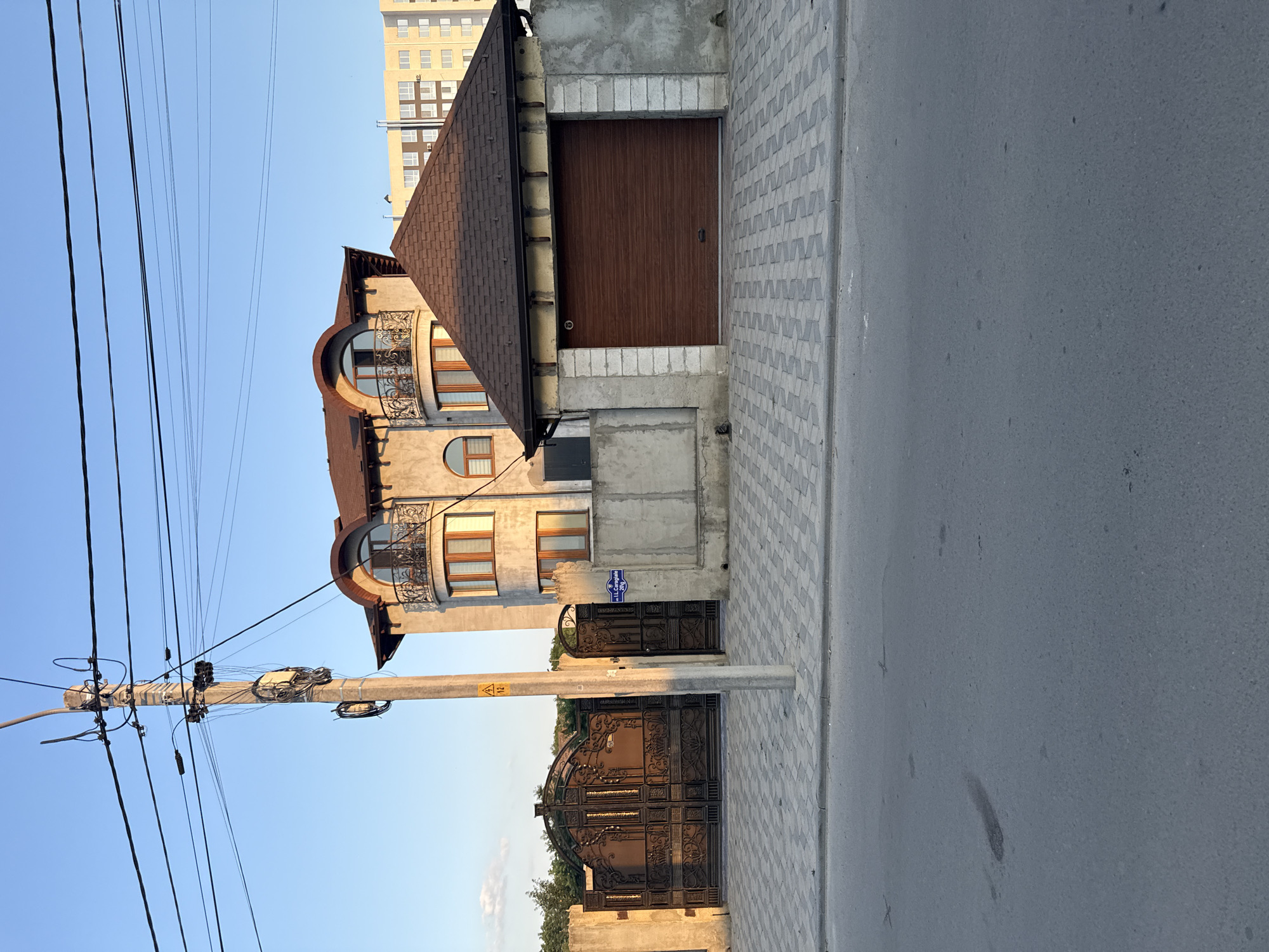 The image depicts a street scene in the city of Cahul, Moldova. In the foreground, a paved road with some dark stains is visible. Adjacent to the road is a paved pedestrian walkway. Behind the walkway, a large, ornate dark metal gate with intricate designs stands to the left, and a smaller matching gate is to its right. A concrete wall extends from the gates. A utility pole with numerous wires and some attached equipment is positioned in front of the gates and the main house.
To the right of the gates, a modern house is partially visible, featuring a multi-story structure with arched windows and balconies adorned with wrought iron railings. A smaller, single-story structure with a brown, sloped roof and a large brown garage door is situated in front of the main house. The garage is flanked by concrete pillars and walls. Further in the background, a taller, light-colored apartment building with visible windows can be seen. The sky above is clear and blue.