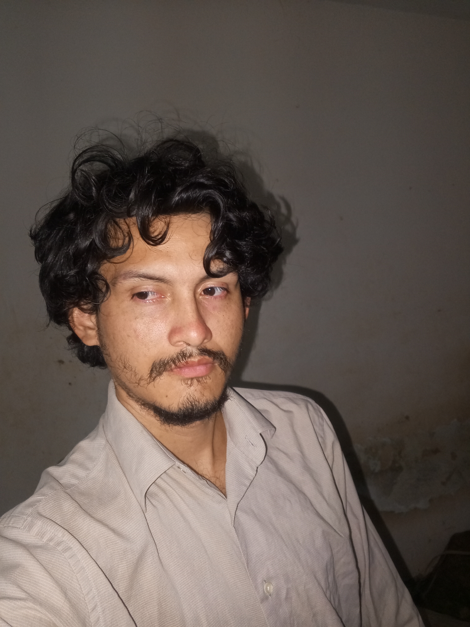 A medium close-up shot depicts a man with dark, curly hair and a patchy beard and mustache. He is wearing a light-colored button-down shirt. The background is a dimly lit, neutral-toned wall. The location is not evident from the image.