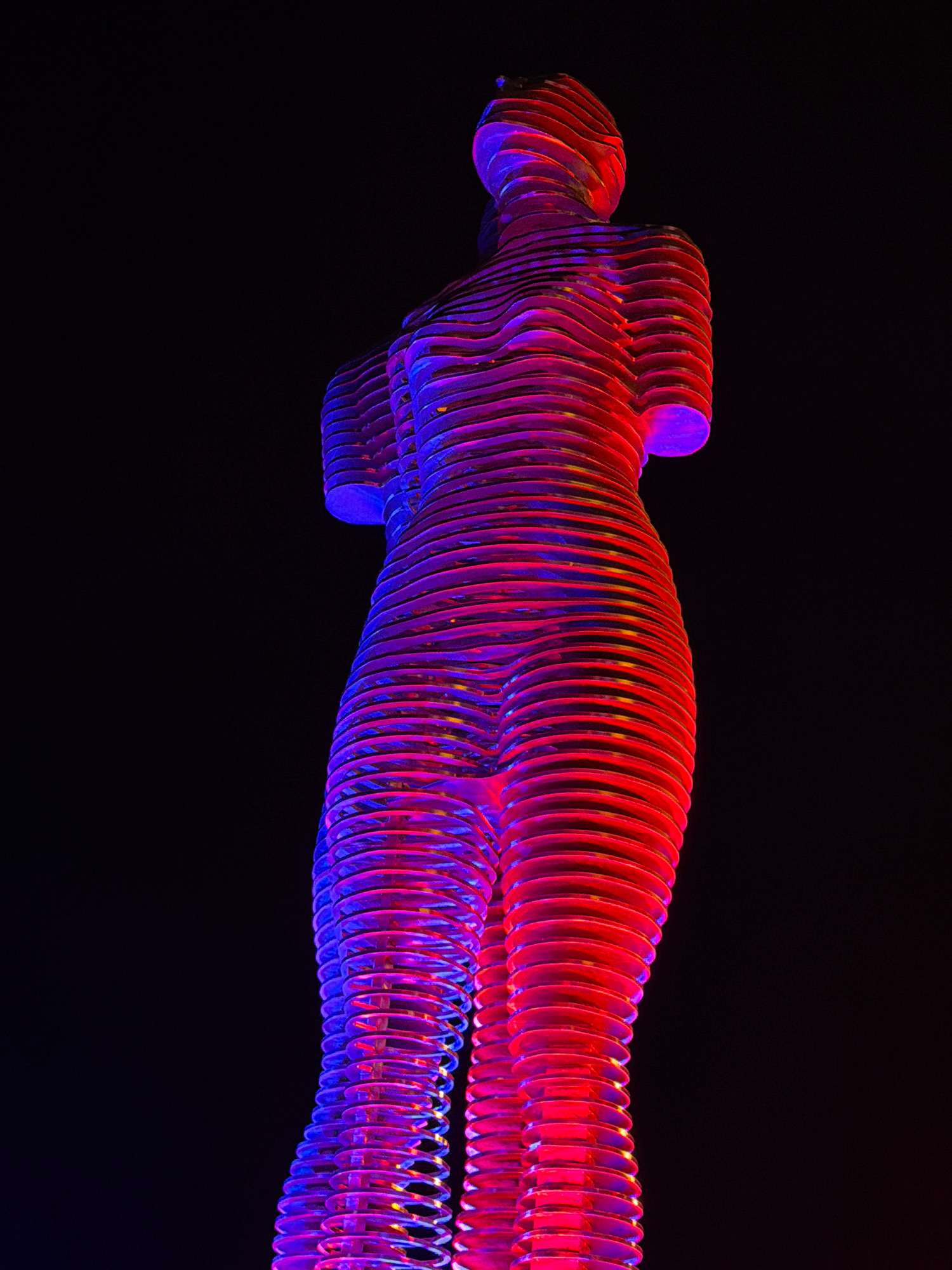 The image shows the Ali and Nino statue in Batumi, Georgia, at night. The sculpture is composed of stacked, horizontally oriented metal rings that form the figures of a man and a woman. The figures are illuminated with vibrant red and purple lights, creating a striking contrast against the dark, black background. The statue is depicted from a low angle, emphasizing its height and imposing presence. The figures are positioned close together, with the man's arm around the woman's waist, suggesting an embrace. The statue is an abstract representation of the protagonists from the 1937 novel "Ali and Nino" by Kurban Said, which tells the story of a forbidden romance between a Muslim boy and a Christian girl from Azerbaijan. The sculpture is a popular landmark in Batumi, located on the Black Sea coast.