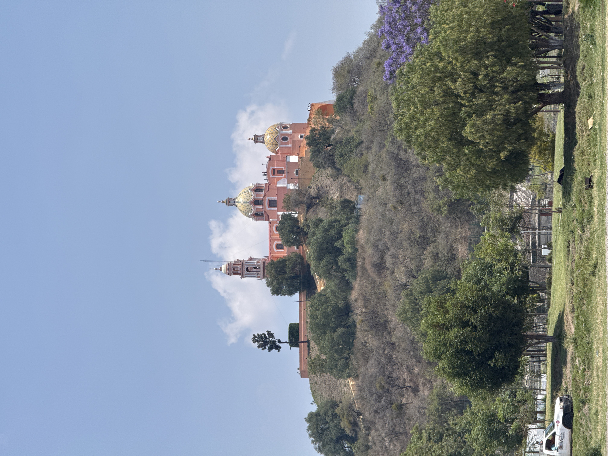 This image, taken in San Andrés Cholula, Mexico, showcases a magnificent, ornate church or cathedral perched atop a verdant hill under a clear blue sky with scattered white clouds. The grand structure features a salmon-pink or terracotta facade, adorned with several golden domes that gleam in the daylight. Multiple bell towers, in a similar architectural style, rise alongside the main domes.
The hillside leading up to the church is densely covered with trees and varied vegetation. On the left side, a vibrant purple jacaranda tree is in bloom, adding a striking splash of color to the landscape.
In the foreground, a wide expanse of green grass is visible, bordered by large, mature trees. A white pickup truck is partially visible on the far right, with the word "Pinturas" and a partially obscured brand name (e.g., "Petres") visible on its side. A black animal, possibly a dog, is lying on the grass nearby. The scene is illuminated by bright daylight, suggesting a clear, sunny day. No specific human activity is apparent; the image captures the architectural beauty and natural surroundings of this historic site.