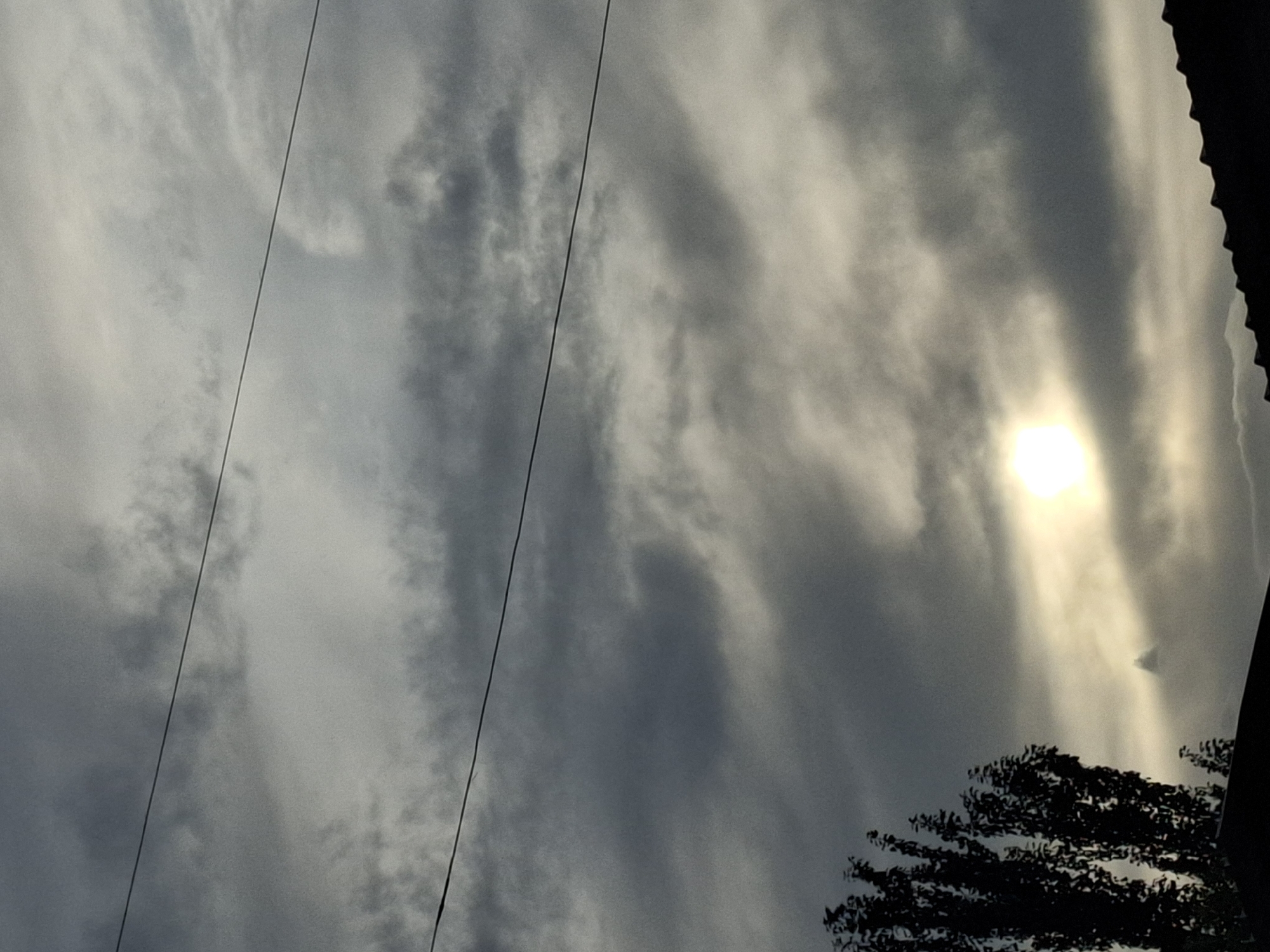 The image depicts a cloudy sky with the sun partially visible as a bright orb through the haze. Two horizontal wires stretch across the frame, likely power lines. In the lower left corner, the silhouette of a dark, leafy tree is visible, with the dark, textured edge of a roofline in the foreground. The scene is set in Jeti-Ögüz, Kyrgyzstan, capturing a portion of its natural and man-made landscape under overcast conditions.