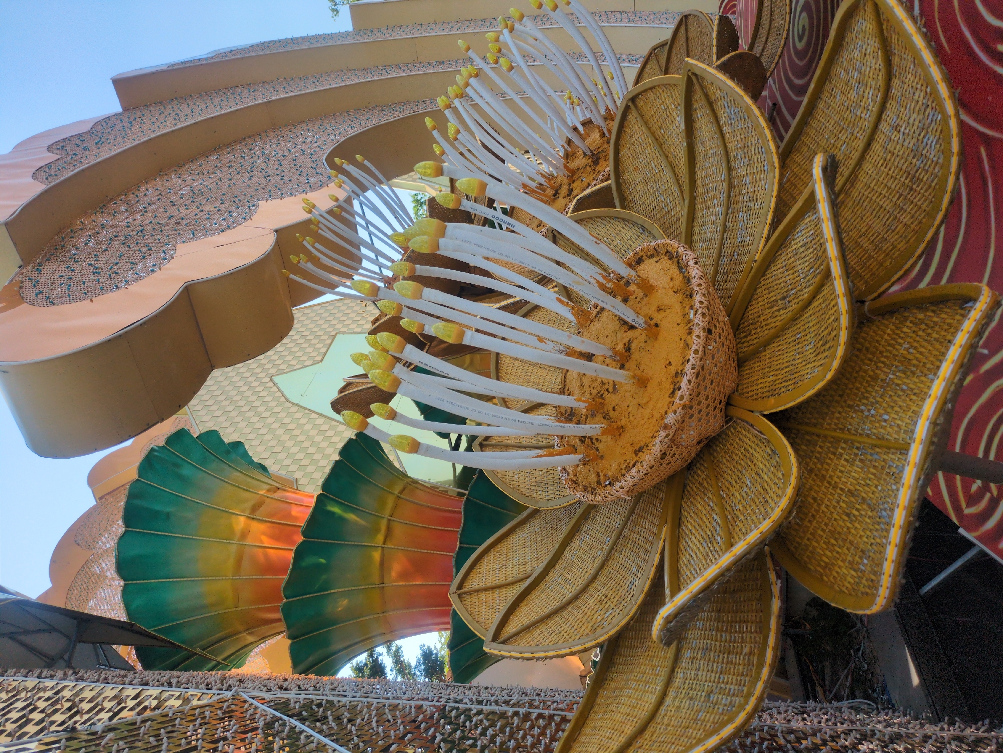 A low-angle shot reveals a portion of a large-scale floral decoration in Tuy Hòa, Vietnam. The structure features stylized flower blossoms with textured petals made of woven material, possibly wicker or rattan, painted in hues of yellow and gold. The central disc of the flower is a coarser, similarly hued material. The flower's stamens are represented by long, white cylindrical tubes with yellow tips.
In the background, one can see tiered architectural elements with decorative surfaces resembling scaled patterns, also rendered in earthy tones. A section of other flowers are painted in vibrant greens, yellows, and oranges.
The bottom of the frame displays a network of small, grid-like structures, potentially forming a part of the base or support system of the floral installation. The sky is visible in a few patches, suggesting an outdoor setting.