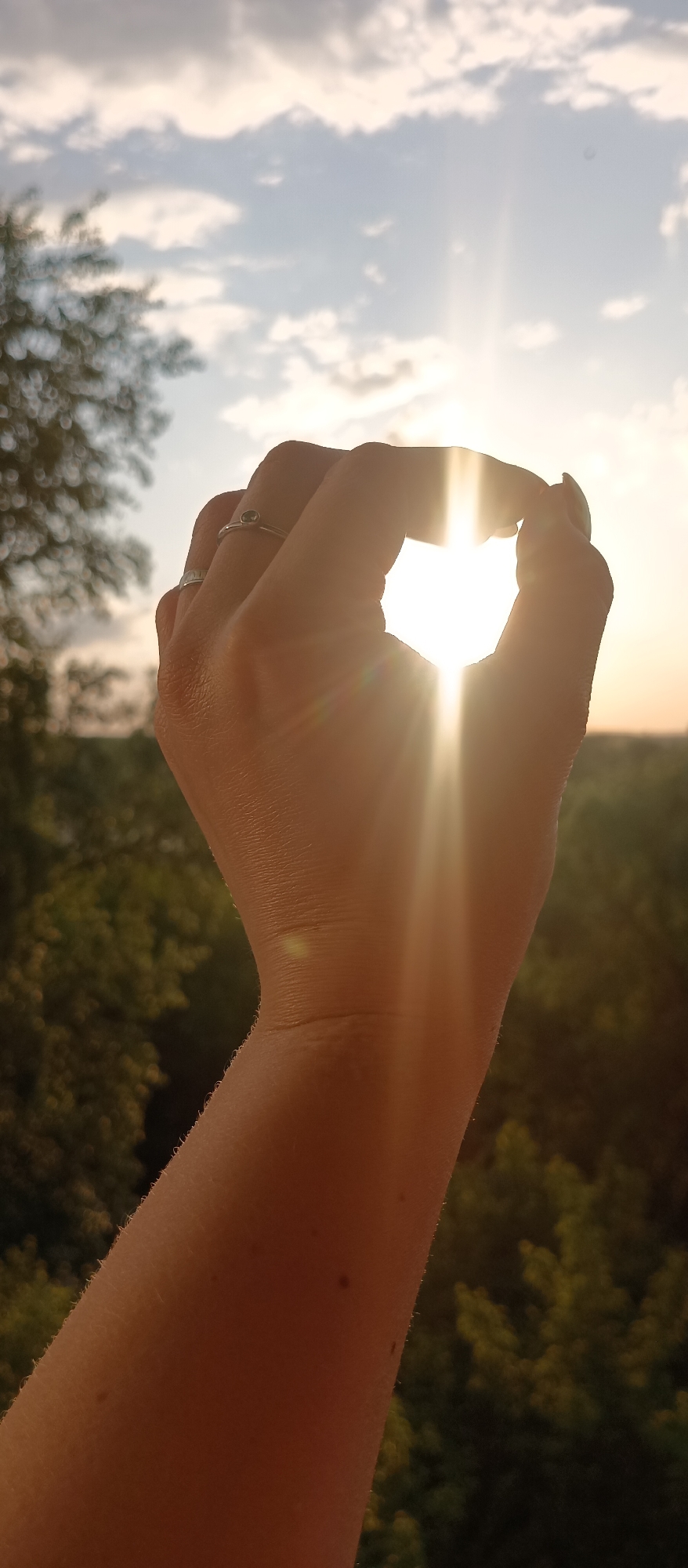A person holds their hand up toward the setting sun. Sunlight flares through the hole formed by their fingers. A tree is blurred behind the hand on the left. Green foliage lies in the background. Clouds dot the sky above the horizon line. The city name is unknown.