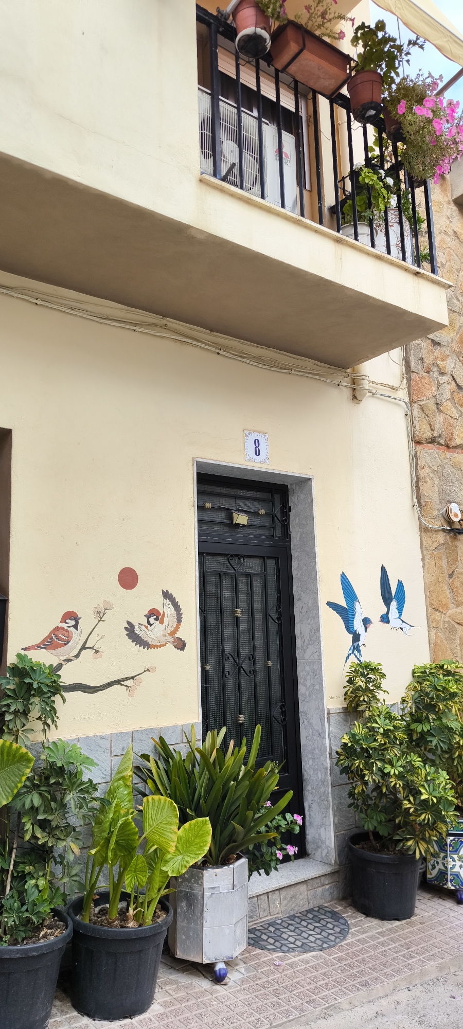 The image shows the exterior of a building in Fanzara, Spain. The building has a light yellow facade with a balcony on the upper floor. The balcony is decorated with potted plants, including pink flowers and greenery. Below the balcony, on the facade, there is a black metal door with ornate scrollwork and a small light fixture above it. To the left of the door, there is a mural painted on the wall depicting two sparrows on a branch with a red circle in the background. To the right of the door, there are two painted swallows in flight. The entrance is flanked by potted plants, including large-leafed plants and a bush with yellow and green foliage. A small circular doormat is placed in front of the door. The building's wall is made of stone on the right side. Electrical conduits are visible on the facade. The ground in front of the building is paved with patterned tiles. The scene is outdoors, and the lighting suggests it is daytime.