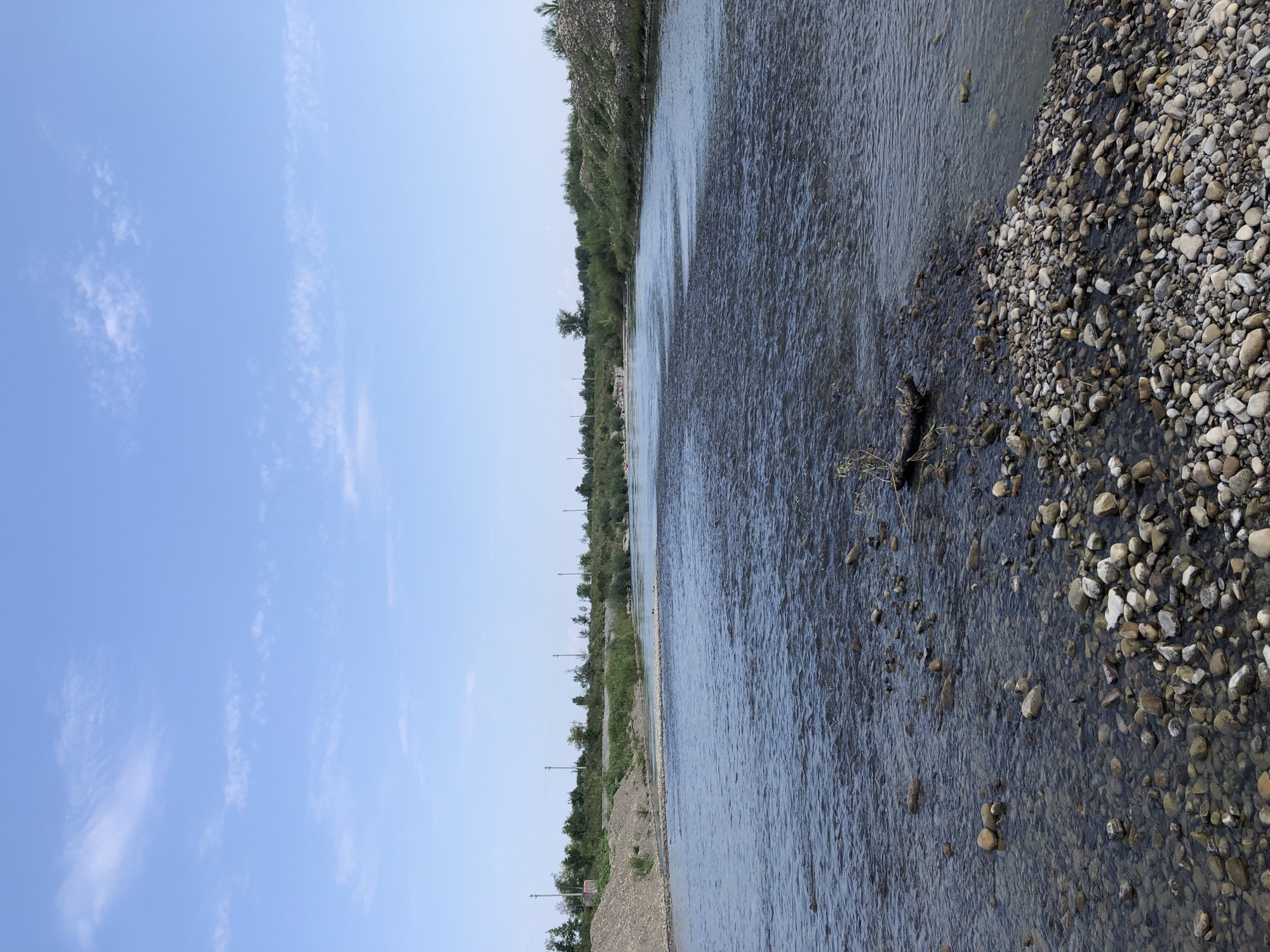 This is a wide, low-angle shot of a shallow, rocky river in Nyzhnii Verbizh, Ukraine, under a clear blue sky with scattered white clouds. The river flows from the background towards the foreground. The water is clear, allowing the smooth, rounded river stones on the bottom to be visible. The riverbanks are lined with green vegetation and some piles of gravel and dirt. A small piece of driftwood is submerged in the water in the foreground, on the right side of the image. In the distance, several utility poles are visible along the far bank of the river, as well as a line of trees. The overall impression is one of a serene, natural environment on a sunny day.
