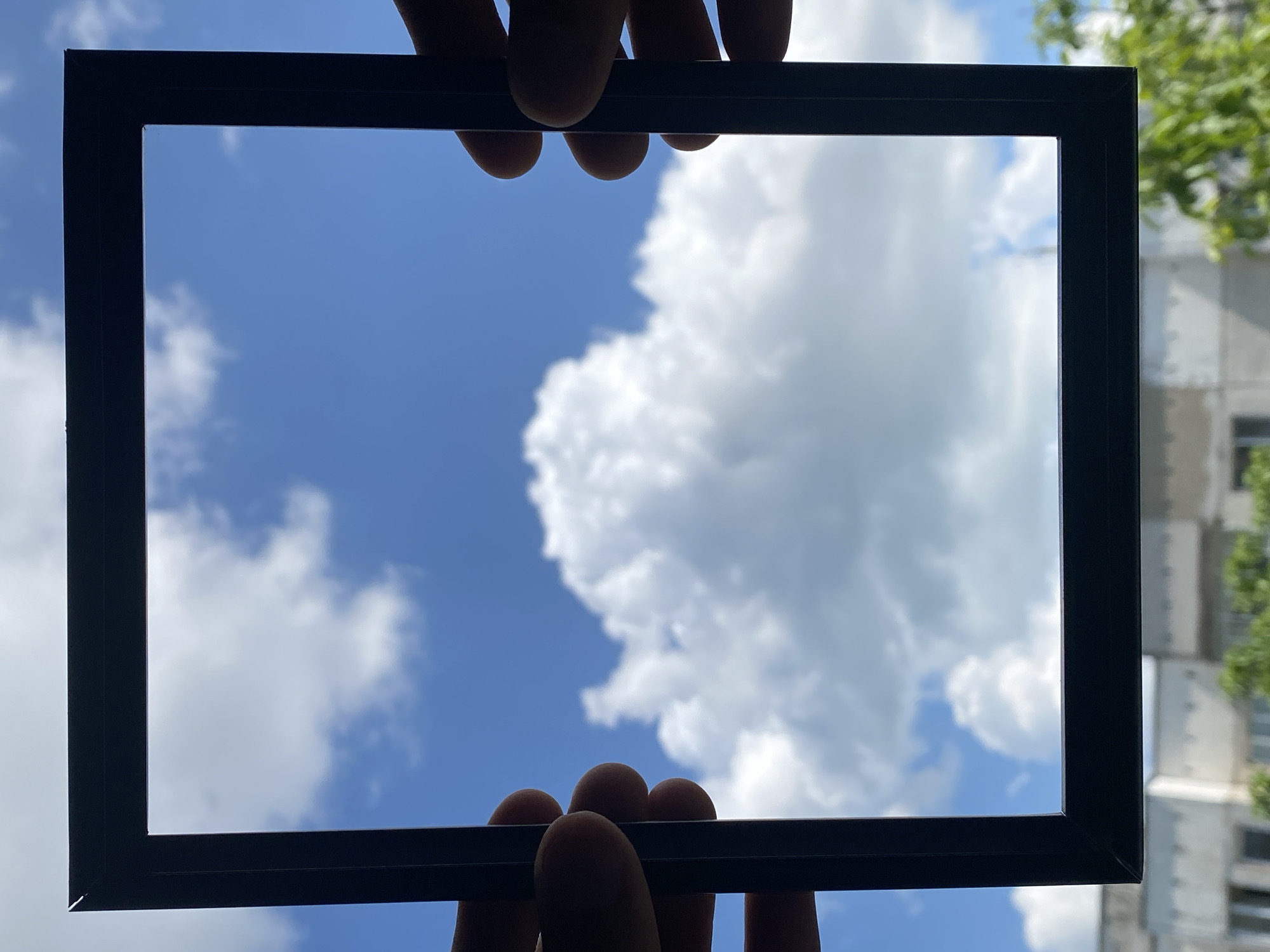 The photograph presents a view of a bright blue sky dotted with puffy white clouds, framed by a rectangular black frame held in place by human hands. The fingers holding the frame are partially visible at the top and bottom edges. In the background, partially obscured by trees, is a multi-story building with what appears to be a windowed exterior. Based on this visual context, the location is in Pleven, Bulgaria.