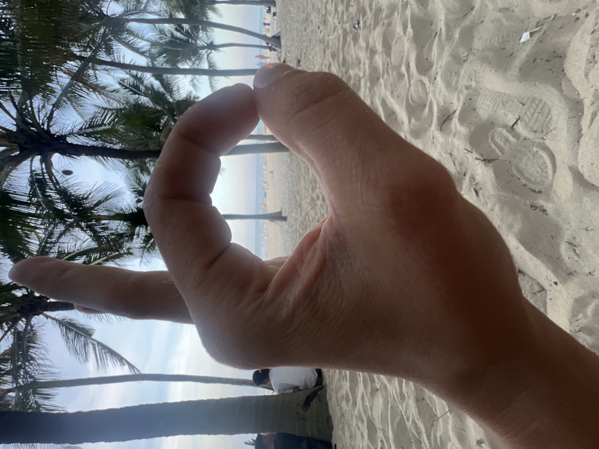 A close-up shot captures a hand forming an "OK" gesture against a backdrop of a beach scene in Da Nang, Vietnam. The hand, with visible skin texture and some sand, is positioned in the foreground, obscuring much of the view. Beyond the hand, a sandy beach stretches out, dotted with palm trees. In the middle ground, several people are seated or standing, some facing away from the camera. Further in the distance, the ocean meets the horizon under a hazy sky. The overall impression is a relaxed, tropical atmosphere.