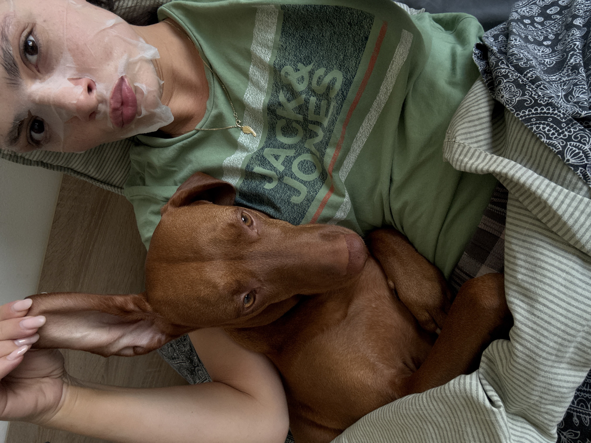 The image captures a serene indoor moment featuring a person and their dog. A person, appearing to be female, is lying down and looking directly at the camera. Their face is covered with a white sheet mask, which highlights their dark eyes, nose, and full, pink lips. They are wearing a light olive-green T-shirt with a graphic design that includes the text "JACK & JONES" in dark green, white, and orange lettering, along with vertical striped accents. A slender gold necklace with a small, wing-shaped pendant adorns their neck.
Cuddled beside the person is a medium-sized, reddish-brown dog, likely a Vizsla, with short fur and expressive amber eyes. The dog's head is resting near the person's shoulder, and its body is partially tucked under a striped blanket of light grey and white. The person's left arm is draped over the dog, and their hand, adorned with light pink manicured nails, is gently holding the dog's long, soft ear.
The scene suggests a moment of relaxation and close companionship. The person is engaging in a self-care routine while enjoying the presence of their pet. The background shows hints of a light wooden floor and additional soft furnishings, including a dark fabric with a white paisley pattern, creating a cozy and comfortable atmosphere. The overall mood is peaceful and intimate. The visible text on the T-shirt is "JACK & JONES." This tranquil scene takes place in Sofia, Bulgaria.