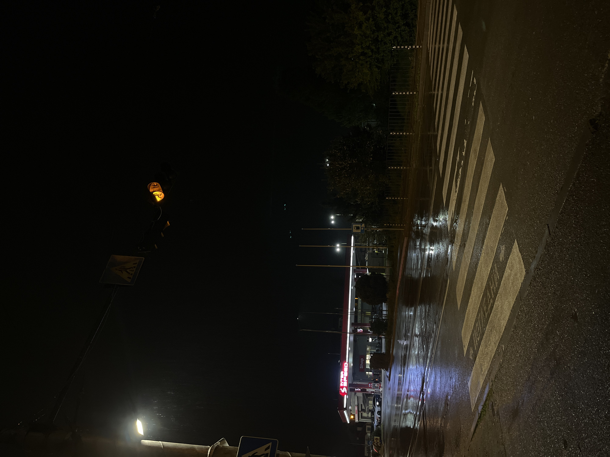 The image depicts a nighttime street scene in Sofia, Bulgaria, characterized by wet asphalt reflecting artificial lights, suggesting recent rain. The perspective is from a slightly elevated position, looking across a road towards a gas station.
A prominent pedestrian crossing with broad white stripes stretches across the mid-ground. Faint Cyrillic text is visible on these stripes, spelling out "ПЕШЕХОДНА ПЪТЕКА," which translates to "PEDESTRIAN CROSSING." The wet road surface brilliantly reflects the surrounding lights, including streetlights and the brightly illuminated gas station.
Along the left side of the road, a dark fence with white markers runs parallel to the street, behind which dark trees and bushes are visible. In the lower left, a streetlight illuminates the foreground, and a tall pole supports a yellow-orange traffic light along with a yellow triangular warning sign, likely indicating merging lanes or a narrowing road.
The dominant structure in the mid-ground is a brightly lit gas station and convenience store. Its canopy and building are well illuminated, with reflections extending onto the wet ground. A prominent red neon sign on the canopy displays "S INTEД SPEED" (featuring a Cyrillic 'Д') and below it, the word "Shop" is also visible. Fuel pumps are discernible under the canopy, and the outlines of a few parked or fueling vehicles can be seen. Another blue rectangular informational road sign stands near the gas station's entrance.
The scene appears quiet and still, typical of a late-night setting after rain, with no people or active vehicles clearly visible. The contrast between the bright artificial lights and the surrounding darkness creates a calm and atmospheric mood.