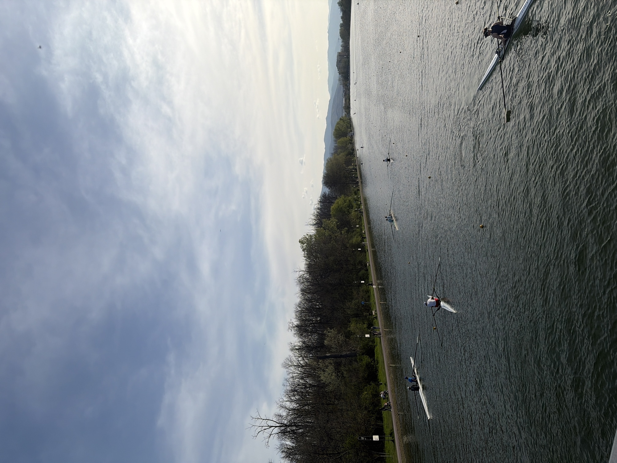 The image depicts a body of water with several rowing boats on it. The sky is partly cloudy. Along the shoreline, there is a line of trees. In the distance, mountains are visible. There are rowers in the boats, engaged in the sport of rowing. The location appears to be a rowing course, but the specific city and region are unknown.