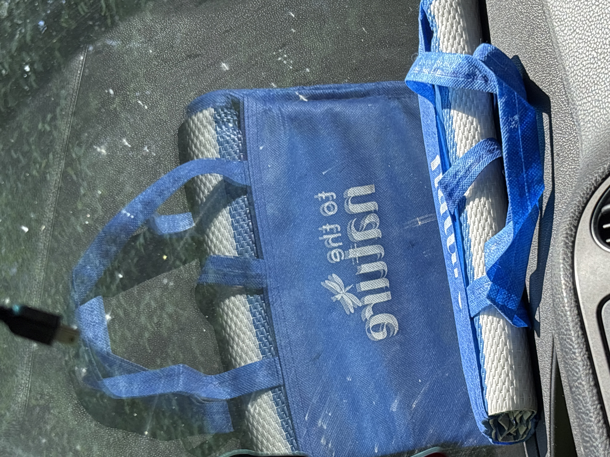A blue reusable shopping bag and a rolled-up mat are lying on a reflective surface, possibly a windshield or dashboard. The bag is printed with the word "Пятёрочка" and a dragonfly logo, indicating it's associated with the "Pyaterochka" retail chain. A black cable is visible on the lower left. The location is Chaikovsky, Russia, based on the Cyrillic text on the bag.