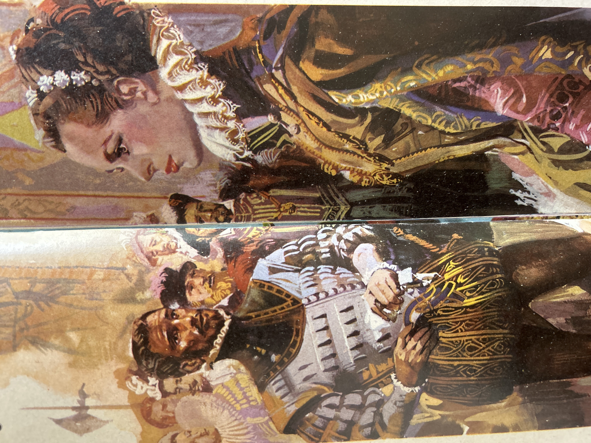 The image is a painting depicting two figures in historical attire. On the left, a man with dark skin, a beard, and a ruff collar is shown from the waist up, wearing a patterned tunic and breeches, and holding a piece of paper. He is surrounded by other figures in similar period clothing. On the right, a woman with fair skin and elaborately styled dark hair adorned with flowers is depicted from the shoulders up, facing the man. She wears a ruffled collar and a richly decorated garment with gold and purple detailing. The background appears to be an interior setting with tapestries or patterned walls. There is no indication of the city of Santa Ana, Venezuela, or any specific location within it.