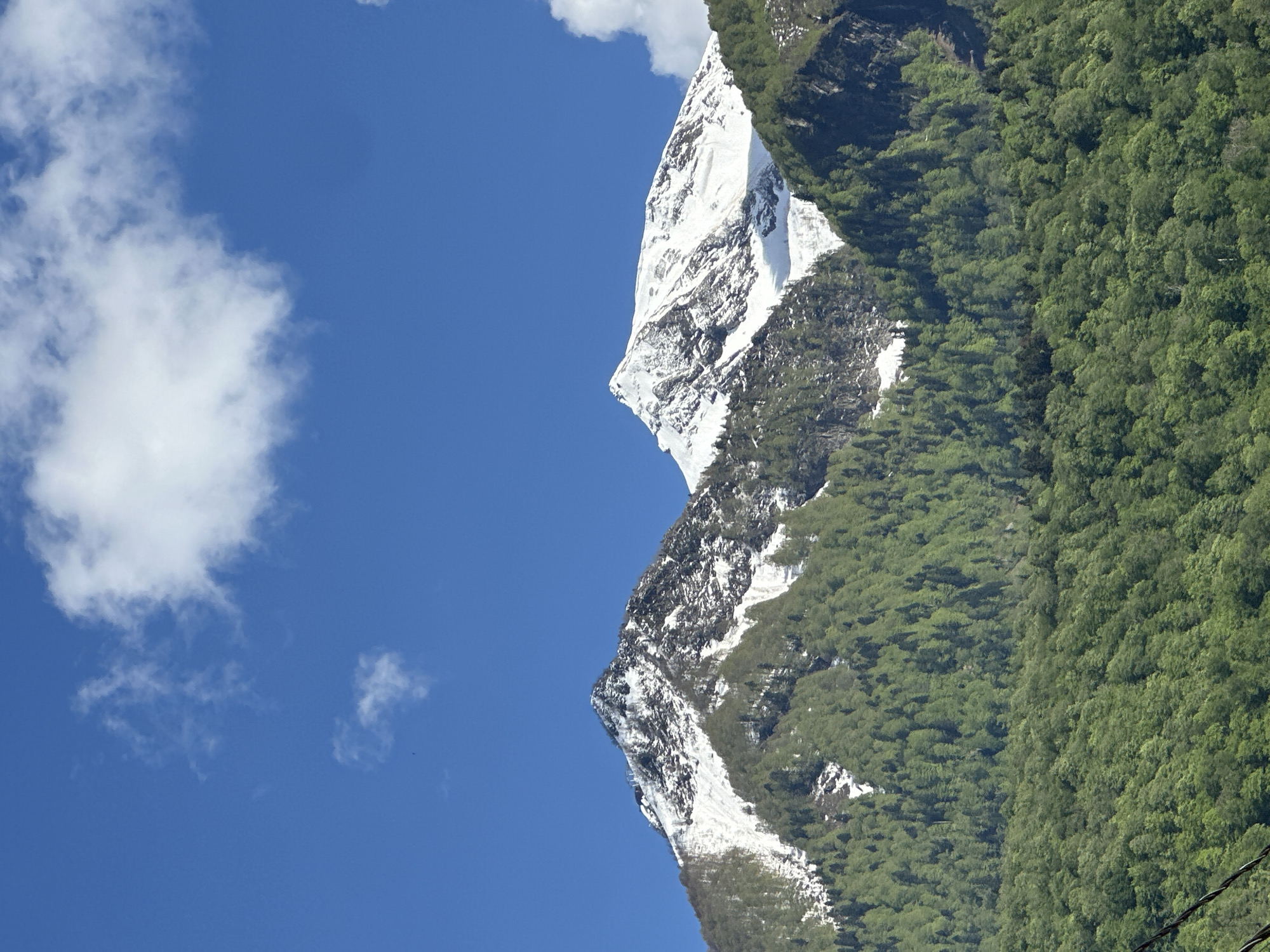 This image presents a stunning natural landscape, showcasing a mountain range under a clear blue sky. The scene is dominated by a majestic mountain featuring prominent snow-covered peaks and upper slopes, which exhibit a rugged, rocky texture. Below the snowline, a dense and lush green forest blankets the mountain's mid and lower sections, with countless trees creating a vibrant tapestry of foliage.
The upper part of the frame is filled with a brilliant azure sky, interspersed with several scattered white, fluffy cumulus clouds of various sizes and shapes. The lighting suggests a bright daytime, likely morning or early afternoon, indicating clear weather conditions with excellent visibility. No human presence, structures, or identifiable activities are visible, emphasizing the untouched wilderness. The distinct contrast between the white snow, the deep green forest, and the vibrant blue sky is a notable detail, highlighting the natural beauty of the mountainous terrain. The scene aligns with the characteristics of a mountainous region like Krasnaya Polyana, Russia, known for its snowy peaks and forested landscapes. There is no visible text in the image.