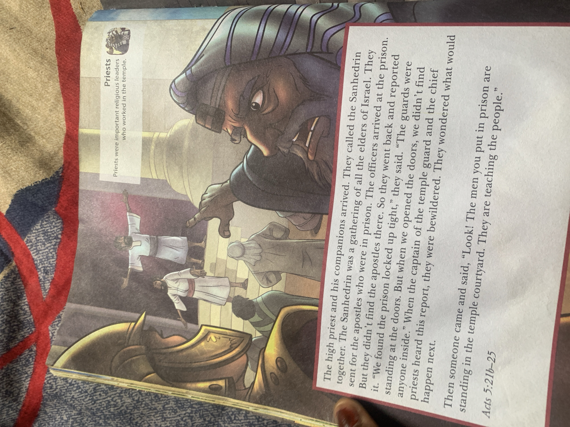 The image shows an illustration depicting a scene from what appears to be a religious text. In the foreground, a man with a dark complexion and a turban is speaking, his mouth open and his expression one of alarm or surprise. He is pointing with his left hand. Behind him, several other figures in robes are visible, some appearing to be in conversation or looking on. In the background, there are architectural elements suggesting a temple or large building, with columns and arches. A banner at the top right of the illustration has the heading "Priests" and a smaller image of figures in robes. Below this, text reads, "Priests were important religious leaders who worked in the temple." Below the illustration, there is a block of text. The text describes the high priest and his companions arriving, calling for the Sanhedrin, and sending officers to find apostles in prison. It recounts their surprise at finding the prison locked and empty, and the guards' report. The text concludes with a report about men being found in the temple courtyard teaching the people, followed by a biblical reference: "Acts 5:21b-25". The image is a page from a book, with a red border on the right side and a patterned fabric visible at the top. There is no indication of Jauro Yinu, Nigeria in the image.