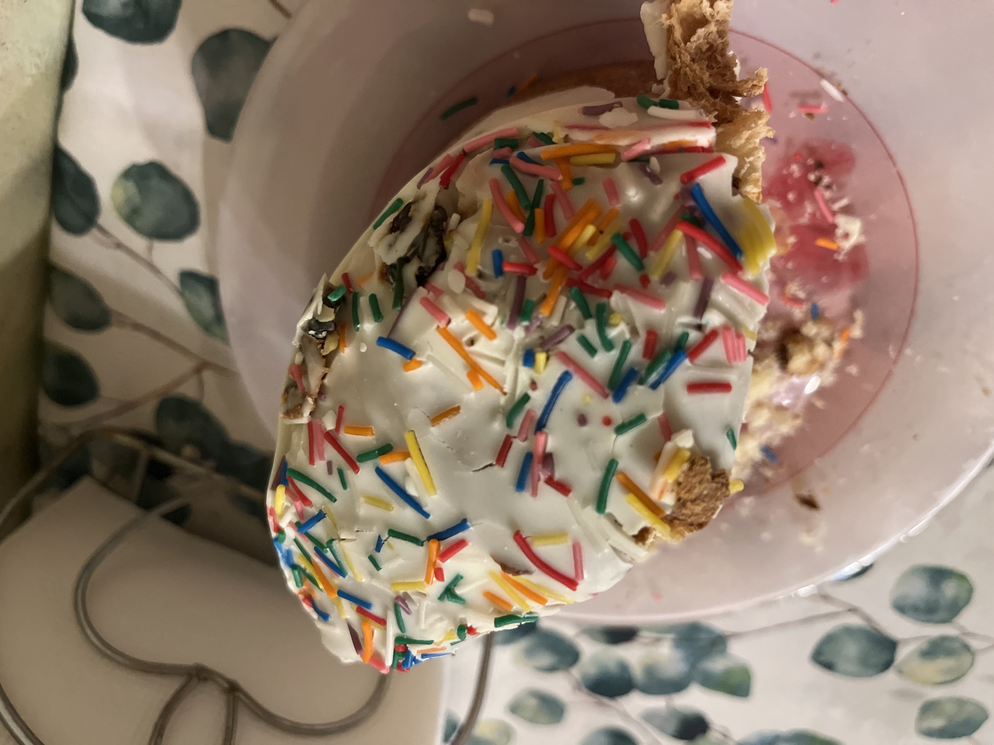 A close-up shot depicts a partially eaten piece of frosted cake covered in colorful sprinkles on a pink plate. The cake appears to be on a surface with a floral pattern.
