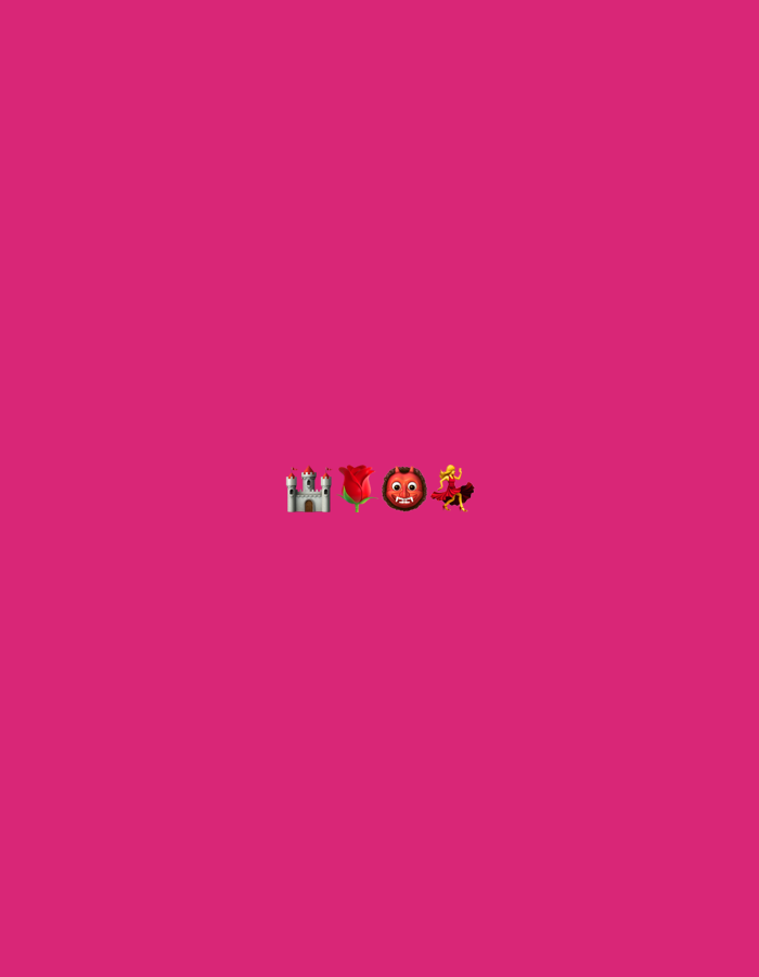 The image is a solid bright pink background. In the center of the image, there are four emojis arranged horizontally. From left to right, they are a castle emoji, a red rose emoji, a lion emoji with a menacing expression, and a dancing woman emoji wearing a red dress. There is no indication of the city of Sergeevo, Russia in the image.