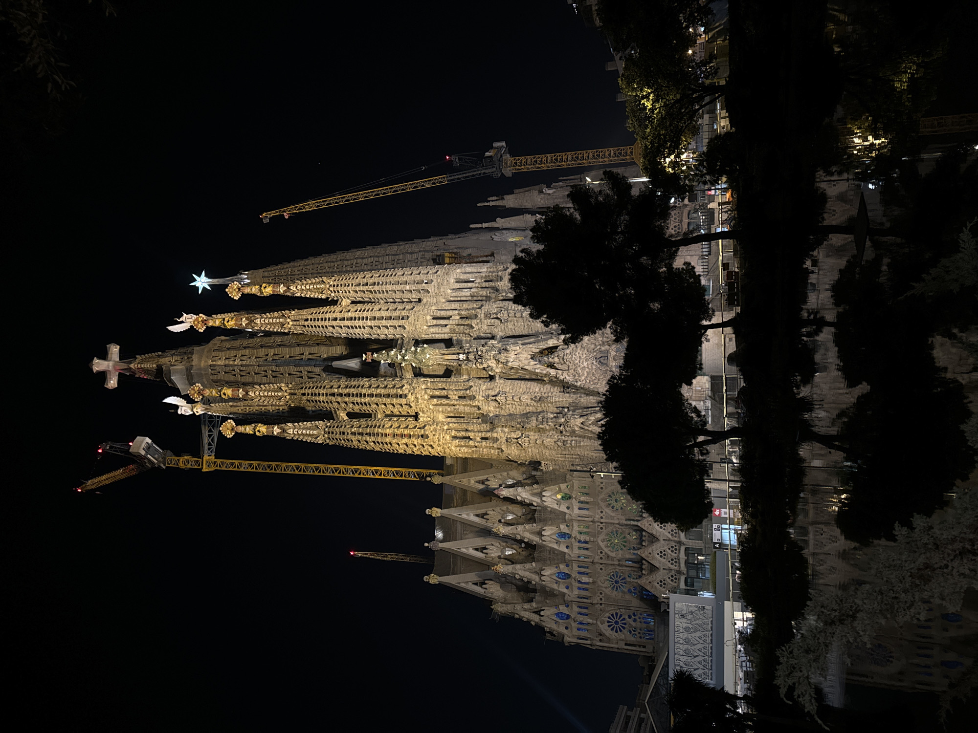At night, a view of the Sagrada Familia in Barcelona, Spain, shows the illuminated cathedral with its spires, adorned with a star on one tower. Construction cranes surround the structure. Silhouetted trees are in the foreground, and their reflections are visible.
