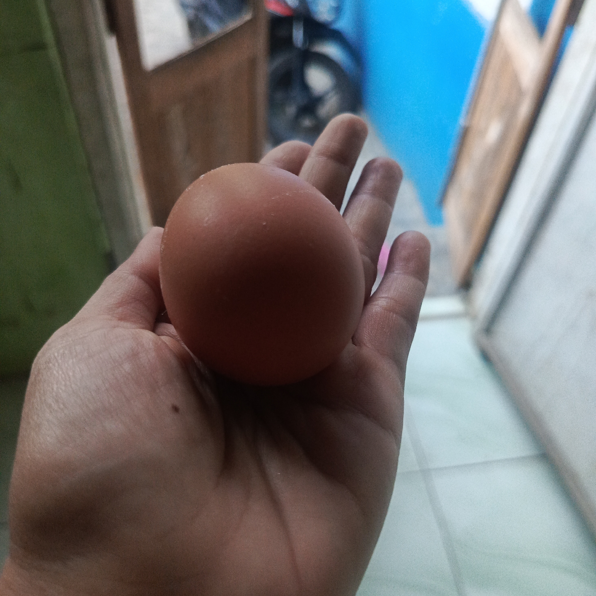 A close-up, slightly blurry photograph shows a hand holding a single brown egg. The hand is open, with the egg resting in the palm and supported by the fingers. The background is out of focus, but appears to be an outdoor setting with elements suggesting a residential area. Visible in the background are parts of doorways or walls, some painted a bright blue, and a portion of a motorcycle wheel. The lighting is moderate, casting soft shadows. The overall scene suggests a casual, everyday moment. The location, Karangtuang, Indonesia, is noted.