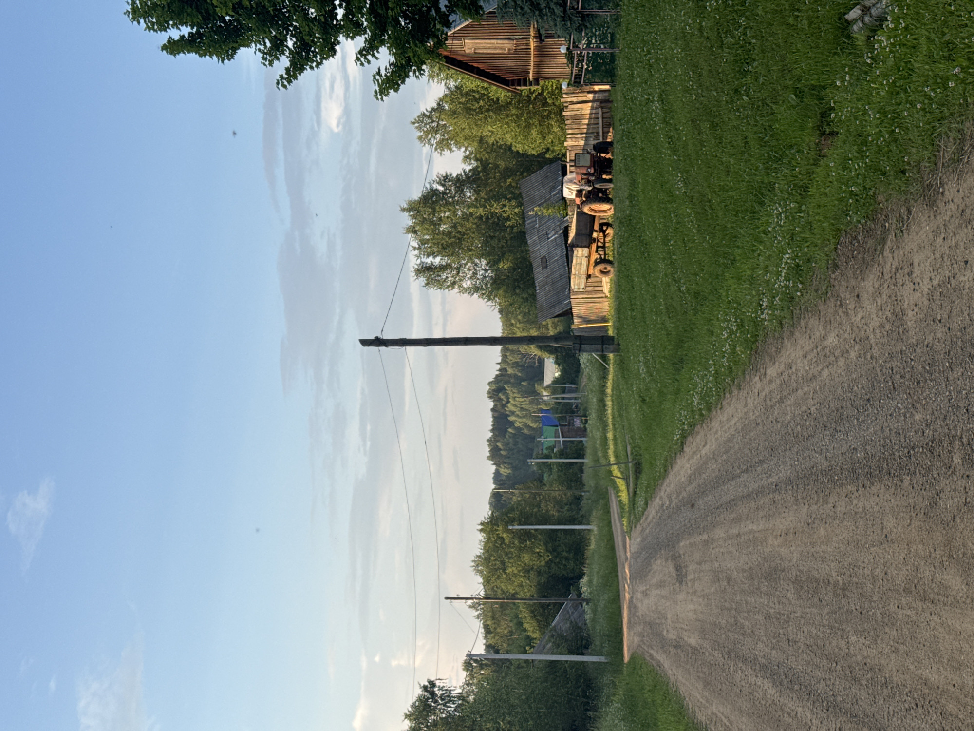 The image depicts a rural scene on a gravel road in Vasyata, Russia. The road leads towards a cluster of trees and buildings. On the right side of the road, a wooden fence encloses a yard where a red tractor and a trailer are parked. Behind the fence, a wooden barn is visible. The surrounding environment is characterized by lush green grass with scattered white flowers, and numerous trees forming a dense forest in the background. Power lines run across the sky, supported by wooden poles. The sky is blue with scattered white clouds, suggesting it is daytime. There are no people visible in the image.