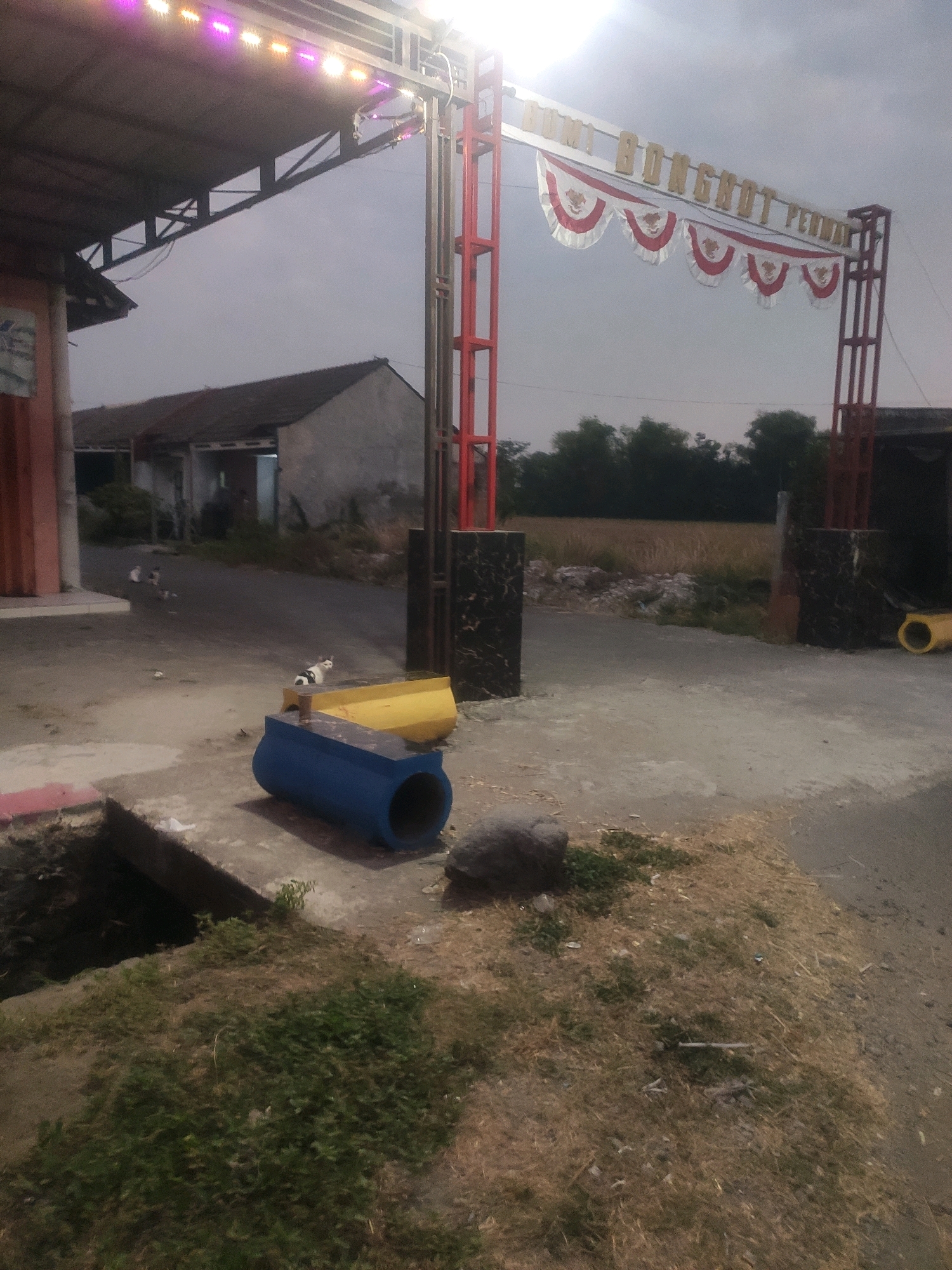 The image shows an entrance archway in Bongkot, Indonesia. The archway is made of red metal posts and has a sign with gold lettering that reads "BUM BONGHOT PENDA". Red and white pennant banners are strung below the sign. In front of the archway, there are two cylindrical objects, one blue and one yellow, lying on the ground. A black cat is sitting near the yellow cylinder. The ground is paved with concrete and dirt. In the background, there are houses and trees. The sky is overcast. There is no visible evidence of illegal activity or violence.