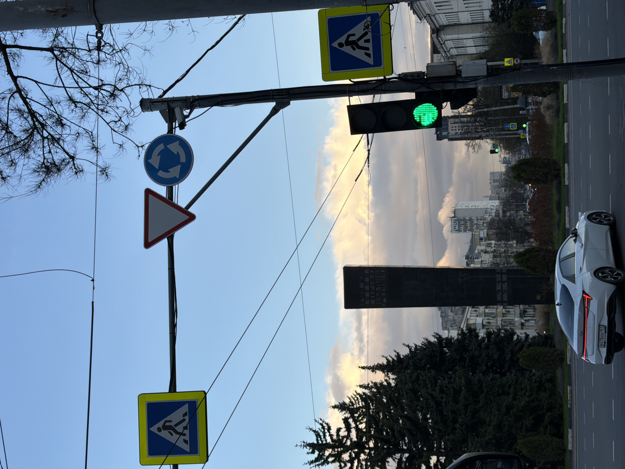 The image depicts a street scene in Rostov-on-Don, Russia. The view is oriented sideways. The sky is visible behind the street signs and power lines. A white car is parked on the right side of the road. Behind the vehicle, there are several trees and bushes. A dark, rectangular monument is visible in the middle ground. In the background, there is a cityscape with multiple buildings. A traffic light displays a green signal. Several signs are present, including a roundabout sign (blue circle with white arrows), a pedestrian crossing sign (blue square with a white figure), and a yield sign (red and white triangle). Bare tree branches are visible on the left side.