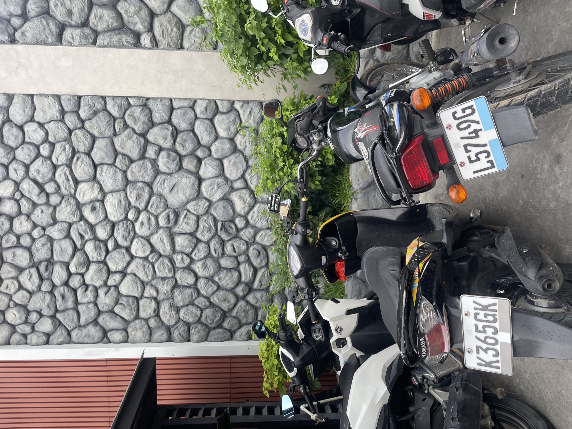 The image shows a row of parked motorcycles in front of a textured stone wall and a red corrugated metal wall. The motorcycles are of various models and colors, including black, white, and yellow. Some of the motorcycles have visible license plates. In the foreground, two motorcycles are prominently displayed. The one on the left has a license plate that reads "K365GK". The one on the right has a license plate that reads "L5749G". Lush green foliage is visible behind the motorcycles, suggesting an outdoor setting. The environment appears to be a parking area or a street in Davao City, Philippines, indicated by the presence of motorcycles commonly used for transportation in the region and the general aesthetic of the surroundings. The lighting suggests it is daytime. There are no people visible in the image. The scene is static, with the motorcycles simply parked.