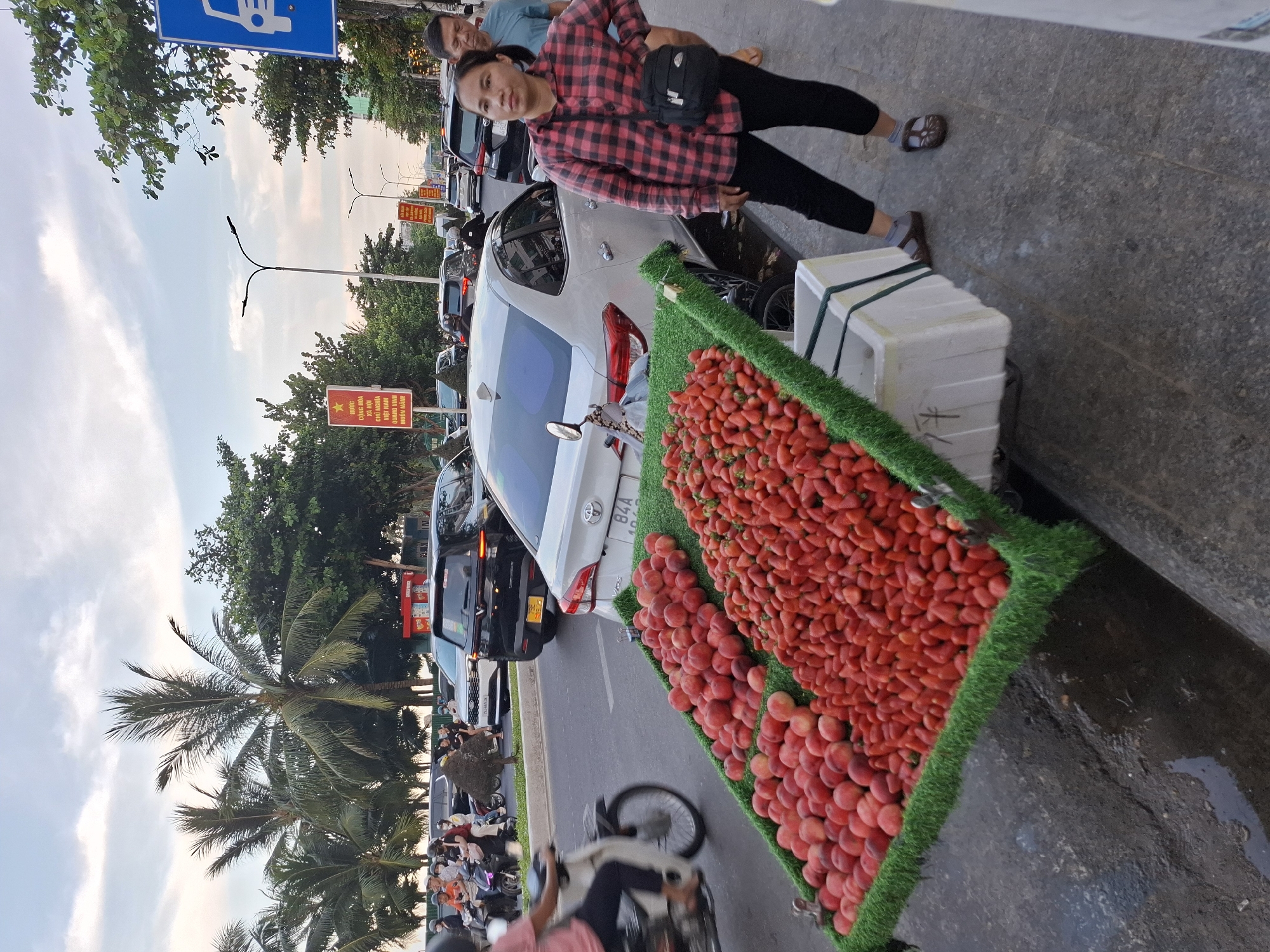 A street vendor in Bac Nha Trang Ward, Vietnam, stands next to a display of fresh peaches and strawberries. The vendor, a woman with dark hair, wears a red and black checkered shirt and black pants, with a small black bag slung across her body. She is looking towards the camera. Behind her, a white car is parked, and further down the street, traffic is visible, suggesting a busy urban environment. Several red signs with Vietnamese text are posted along the roadside, one of which reads "NƯỚC CỘNG HÒA XÃ HỘI CHỦ NGHĨA VIỆT NAM QUANG VINH MUÔN NĂM!" which translates to "The Socialist Republic of Vietnam is Glorious Forever!". Palm trees line the street, indicating a tropical or subtropical climate. The sky is partly cloudy, and the lighting suggests it is late afternoon or early evening. The ground appears wet, possibly from recent rain or cleaning. The overall scene depicts a typical street market setting in Vietnam.