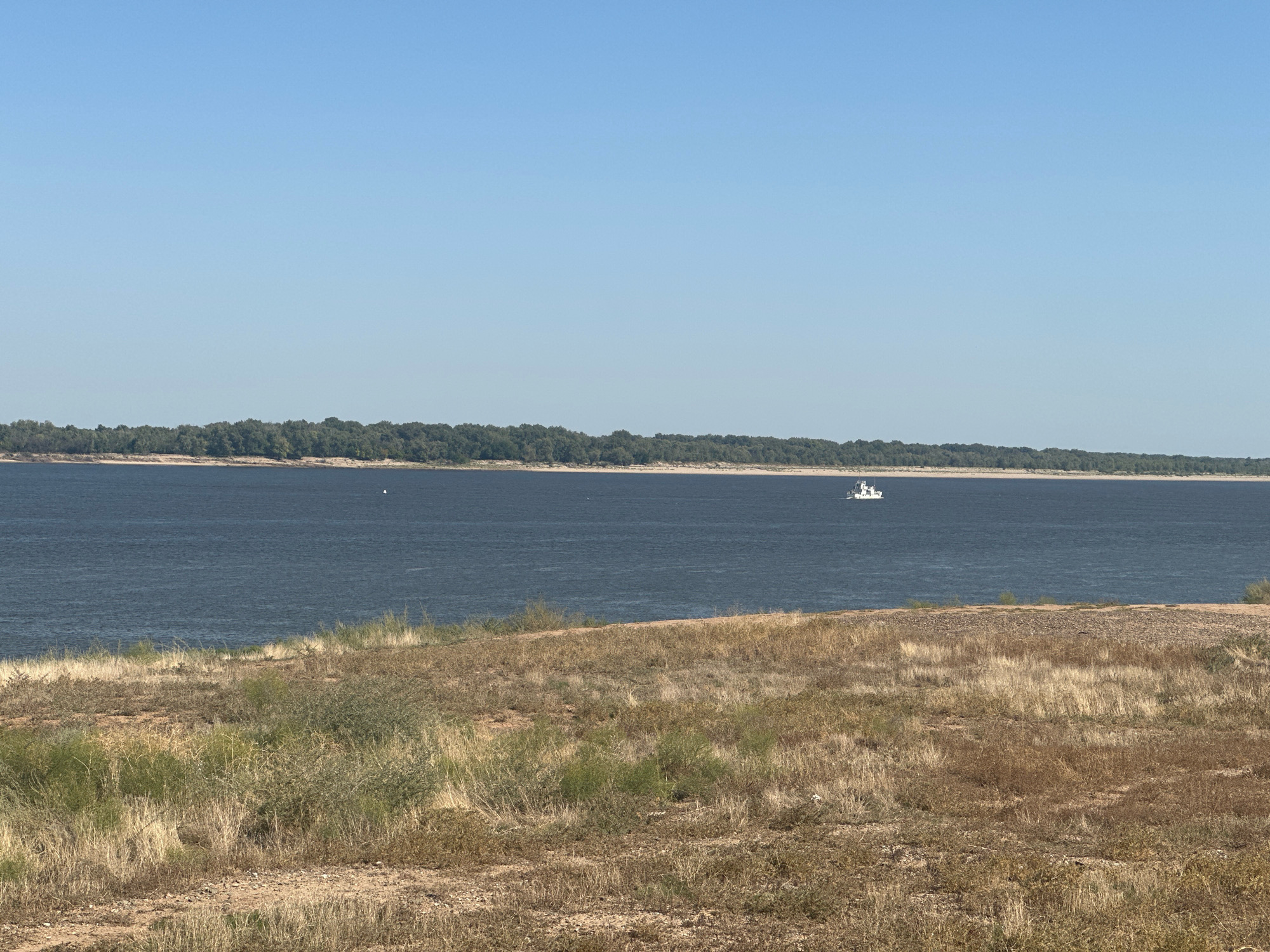 This is a landscape photograph taken on a clear, sunny day overlooking a wide body of water, likely a river or reservoir. In the foreground, there is dry, grassy terrain with patches of green bushes. The middle ground is dominated by the dark blue water. On the far side of the water, there is a dense line of green trees forming a forest that stretches across the horizon. In the distance, a white boat with a cabin structure is visible on the water. The sky is a clear, light blue, with no clouds. The scene appears to be an outdoor natural environment with a boat on the water.
