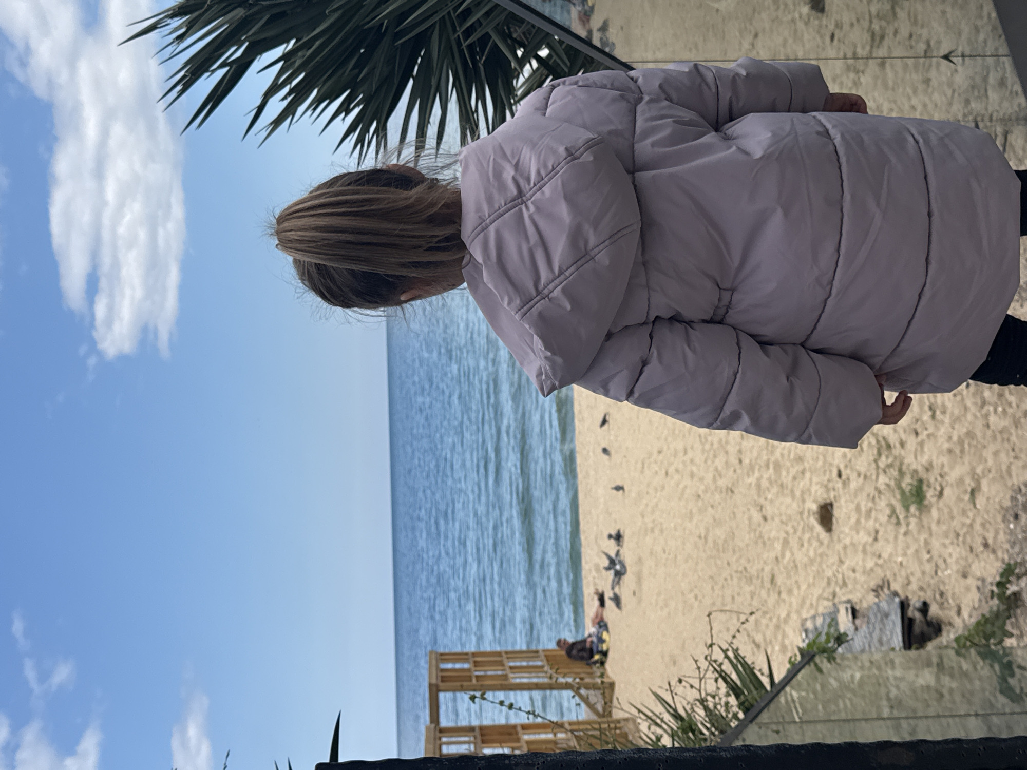 The image shows a view from an elevated position in Varna, Bulgaria, looking out over a beach and the Black Sea. A person with blonde hair, wearing a pink puffer jacket and dark pants, is the focal point of the scene. The person is looking out over the water and beach. The beach has several pigeons and a person lying on the beach. To the side is a wooden structure near some plants. The sky is blue with scattered clouds. A palm tree is visible at the top of the frame. A glass barrier with black metal spikes is visible at the bottom of the frame, suggesting a balcony or terrace setting.
