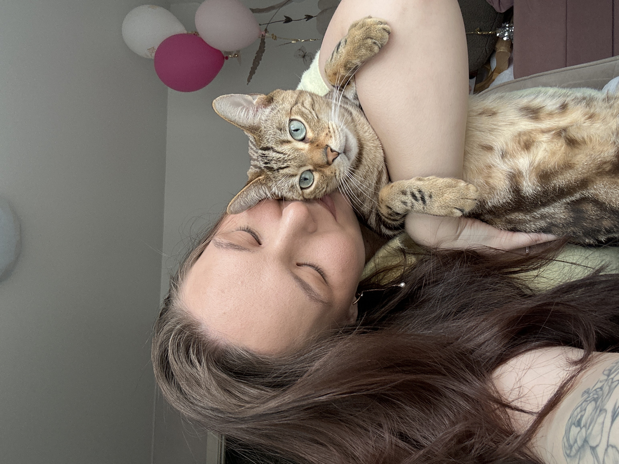 An indoor scene depicts a female individual holding a Bengal cat. The female, positioned on the left, has long, dark brown hair and is wearing a light-colored top. Her eyes are closed as she presses her cheek against the cat's head. A pearl-drop earring hangs from her visible ear. A tattoo is discernible on her left forearm. The Bengal cat, with distinctive marbled brown fur and striking turquoise eyes, faces the camera directly with an alert expression, resting its paws on the female's arm. It appears to wear a light yellow or green collar. In the background, to the upper right, three balloons are visible: one fuchsia, one light pink, and one white with faint gold lettering. The ceiling is light-colored with a visible light fixture. The walls are light-toned, possibly off-white, with subtle floral or butterfly patterns. The specific location within Chaikovsky, Russia, cannot be determined from the visual information provided.