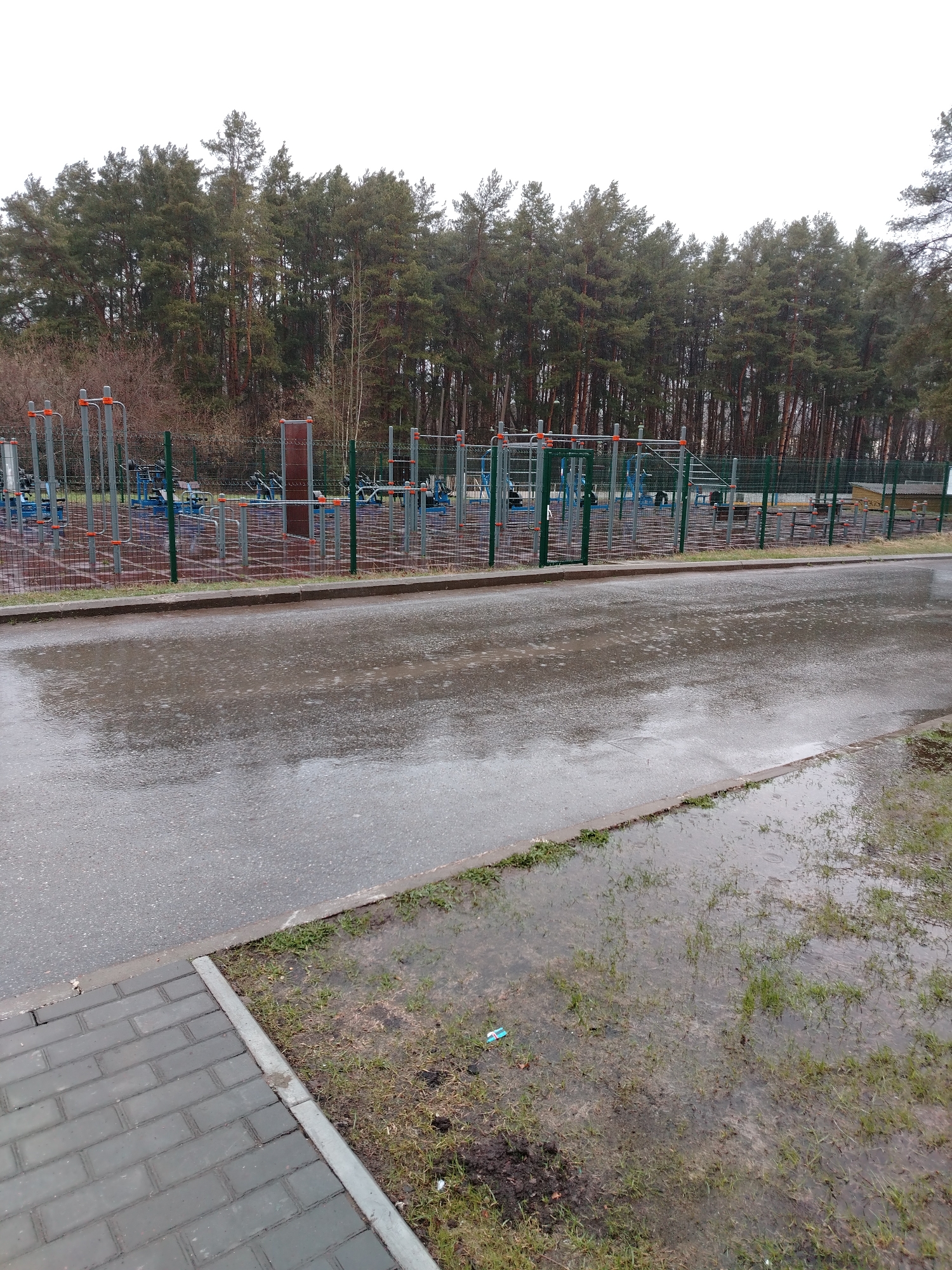 The image shows an outdoor workout area in a park, likely on a rainy day. The workout area is fenced and contains various exercise structures with silver and orange elements. A row of tall, dense evergreen trees forms a backdrop to the workout area. A wet, paved road separates the workout area from a sidewalk composed of gray bricks. Beyond the sidewalk, there is a patch of grass that is also wet, with puddles of water visible. The overall scene suggests a somewhat desolate atmosphere due to the rain and lack of people.