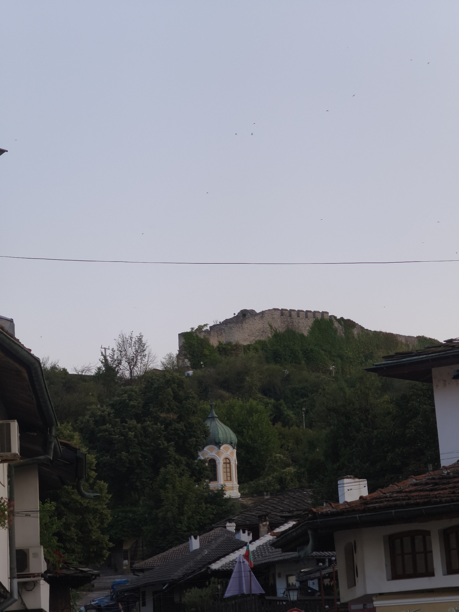 The image depicts a view of the town of Lovech, Bulgaria, looking up towards the Lovech Fortress and the Church of the Holy Trinity. In the foreground, the tiled roofs of houses are visible, some with chimneys. To the left, the side of a white building with an air conditioning unit is present. Further into the scene, a prominent green-domed church building with arched windows is situated amidst lush green trees. Dominating the upper portion of the image is the ancient stone wall of the Lovech Fortress, overgrown with ivy, situated on a hill. The sky above is a pale, clear blue with a few distant birds visible. A dark horizontal line, possibly a power line, stretches across the upper mid-section of the frame.