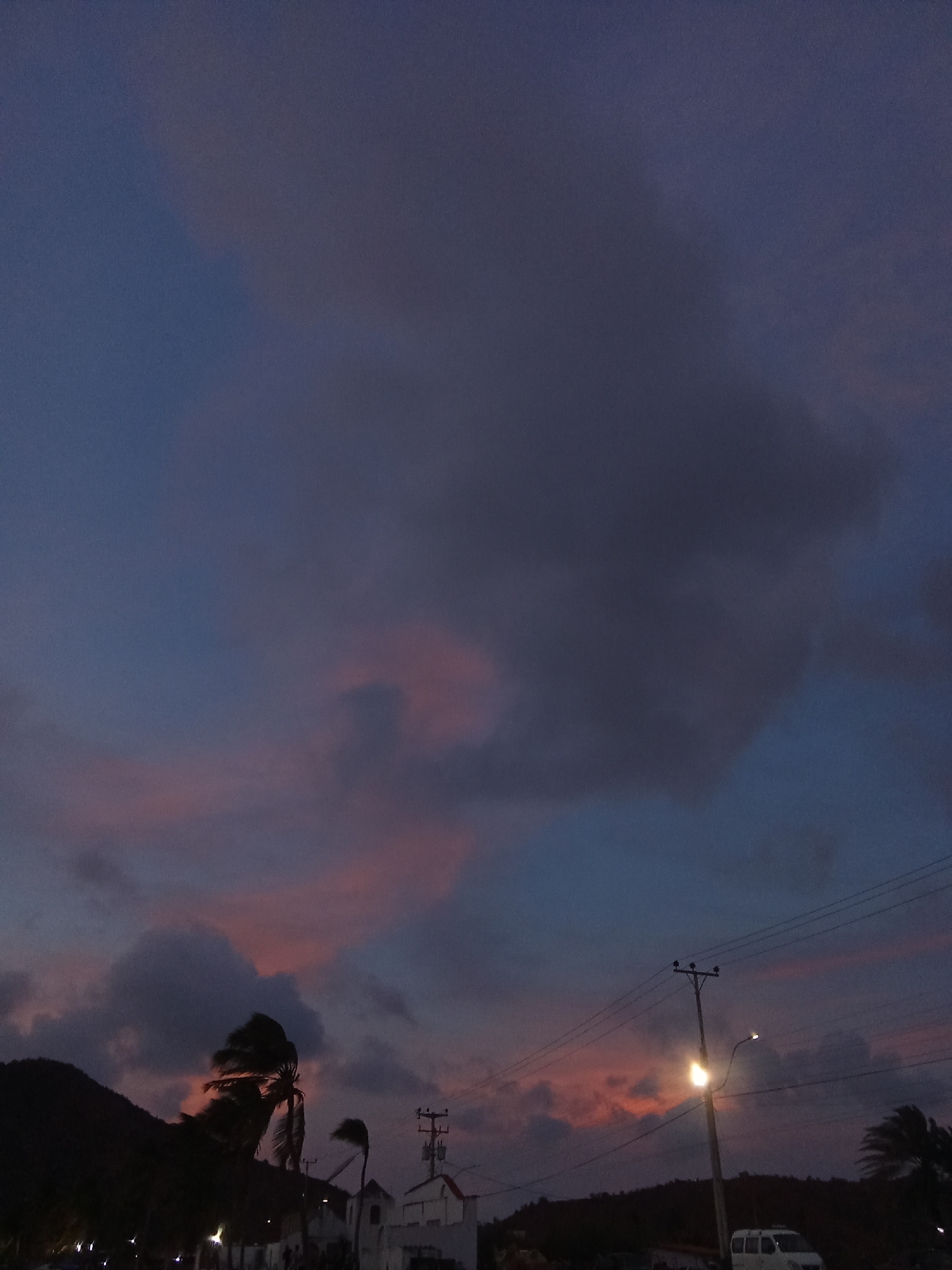 The image depicts a dusky scene in Juan Griego, Venezuela. A sky transitions from blue to pink with heavy cloud cover. In the foreground, silhouetted trees sway, indicating a strong wind. Buildings are visible with lights on. A utility pole supports a streetlight. A white van is parked nearby. Hills are in the background.
