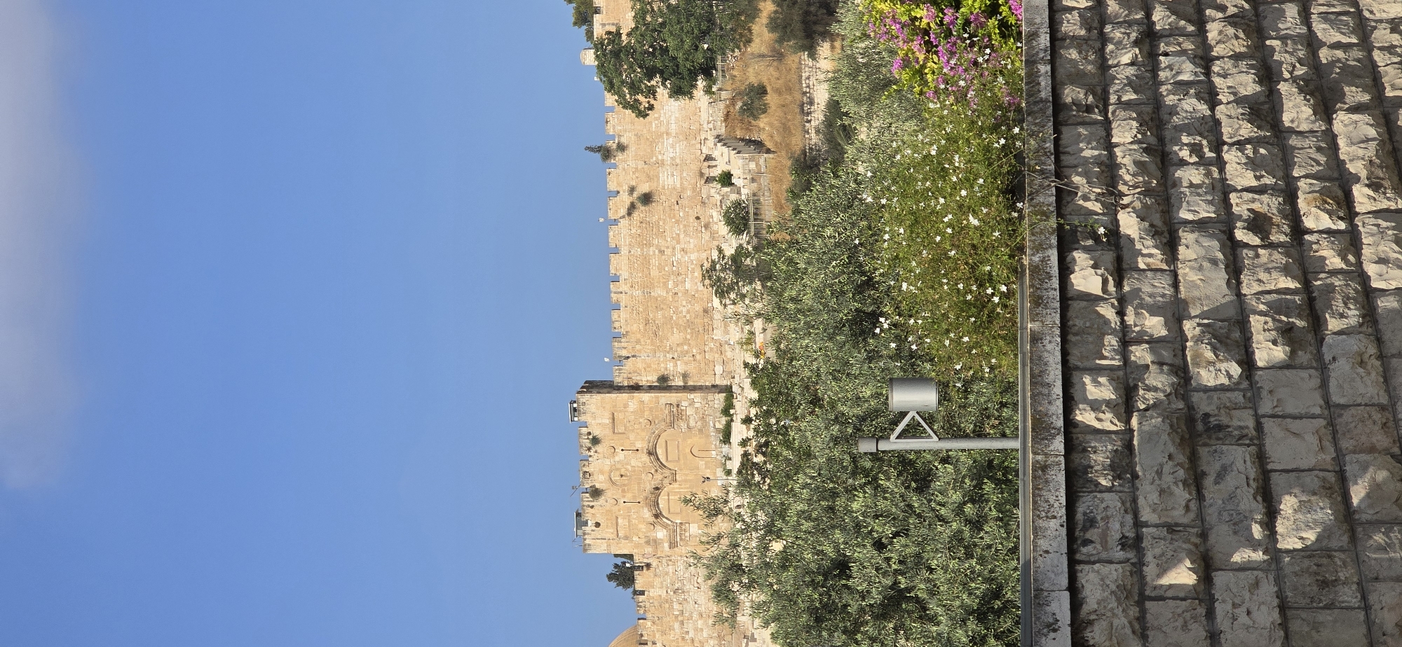 The image displays the Golden Gate, also known as Sha'ar HaRachamim or Mercy Gate, in the eastern wall of Jerusalem's Old City. This ancient gate, a prominent historical and religious landmark, is constructed from large, weathered stone blocks. The gate's facade features two arched entrances, one above the other, and is decorated with architectural details.
The gate is situated on a hillside, with vegetation growing around its base. In the foreground, a stone wall made of rough-hewn blocks separates the viewer from the scene. Behind this wall, lush green olive trees and a flowering bush with small white and pink blossoms are visible. A metal lamppost stands in front of the foliage.
The sky above is a clear, vibrant blue, indicating a sunny day. The overall scene conveys a sense of historical significance and natural beauty. There are no people visible in the image.