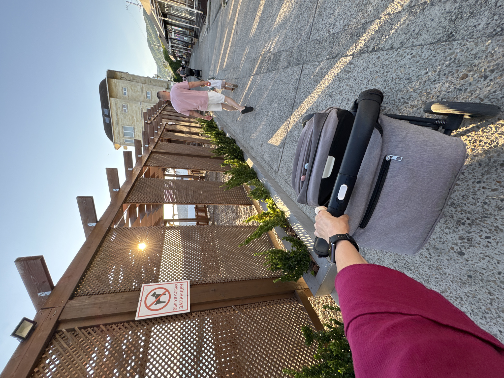 The image depicts a sunny day in Sochi, Russia, likely along a seaside promenade. In the foreground, a person's arm, clad in a magenta garment, is pushing a gray stroller. The stroller has a dark handle with white buttons and a zippered compartment. The pavement is made of light-colored concrete with scattered small stones. To the left, a wooden fence with a lattice pattern runs alongside the walkway. A white sign with a red circle and slash over a dog silhouette is affixed to the fence, with Russian text below that reads "Dog walking prohibited." Sunlight filters through the fence, creating a sunburst effect. Beyond the fence, a glimpse of the sea is visible. In the middle ground, a man in a pink t-shirt and white shorts walks away from the camera, followed by a small child in a white t-shirt. Further down the promenade, several shops with glass fronts are visible, and a few more people and strollers are present. The background shows a hillside with vegetation and a distinctive building with a curved roof. The sky is clear and blue.
