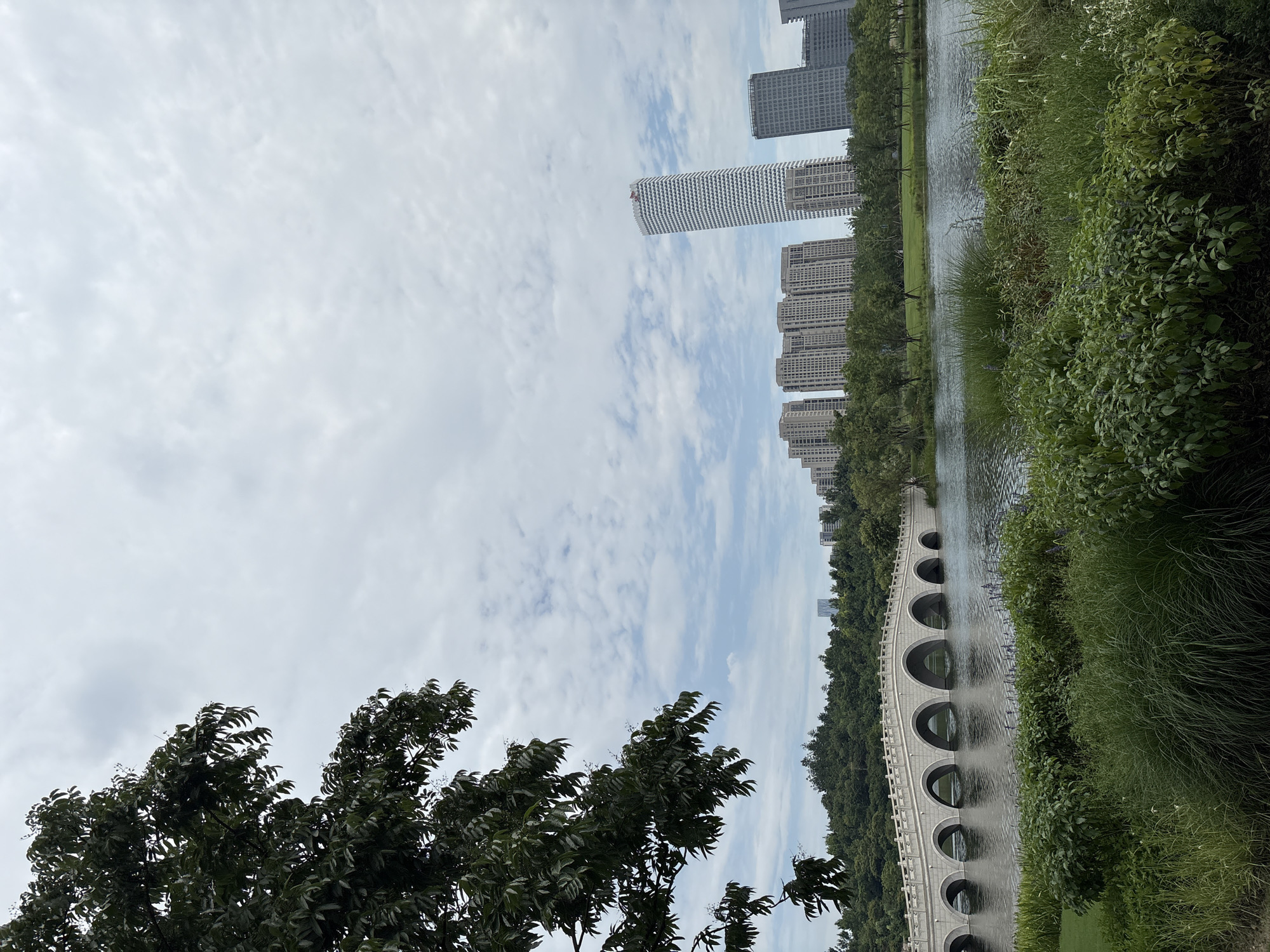 This image depicts a serene park scene in Pudong, China. In the foreground, lush green vegetation, including tall grasses and leafy bushes, lines the edge of a tranquil body of water. A classic white stone bridge with multiple arches spans the water, creating an elegant architectural focal point. Behind the bridge, a dense line of trees forms a verdant backdrop. Further in the distance, a cityscape emerges, characterized by a row of modern residential buildings and a distinctive tall, white skyscraper with a patterned facade. The sky above is overcast with scattered clouds, suggesting a temperate day. No people are visible in the scene.