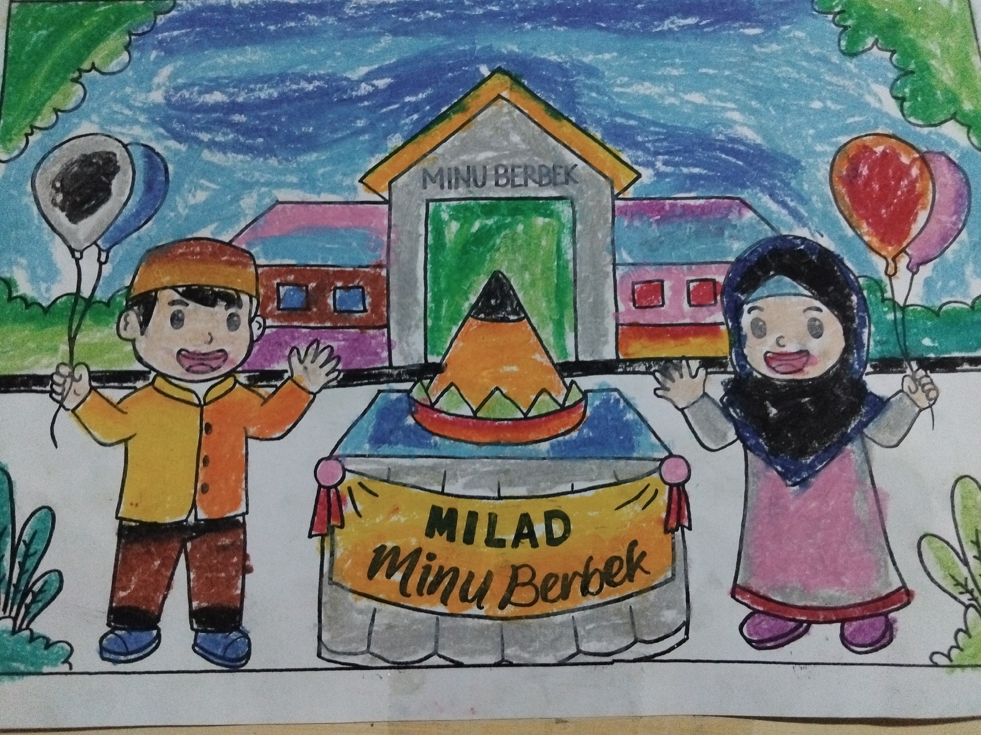 This is a drawing of a celebration in front of a building labeled "MINU BERBEK". Two children, a boy and a girl, stand on either side of a table displaying a large pencil-shaped object. The boy, on the left, wears a yellow shirt and brown pants and holds two balloons. The girl, on the right, wears a pink dress and a blue hijab and also holds balloons. The building in the background is colorful, with a green entrance. A banner on the table reads "MILAD MINU Berbek". The sky is blue with white clouds. The drawing appears to be done with crayons and depicts a festive outdoor scene. The location of MINU BERBEK in Kepuh Kiriman, Indonesia, is not visually depicted but stated as context.