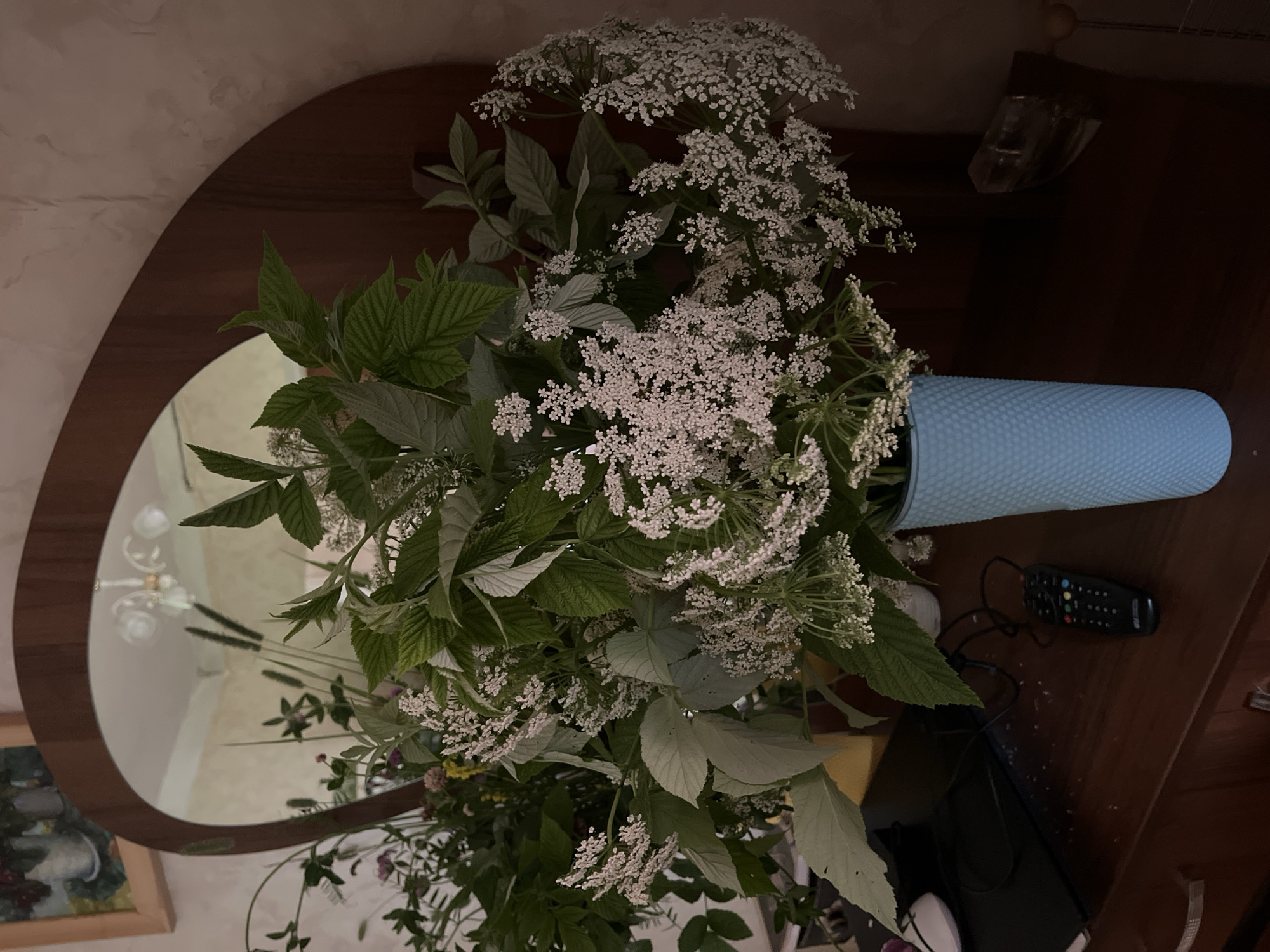 A bouquet of white wildflowers and green foliage sits in a light blue textured vase. The vase is placed on a dark wooden surface, possibly a dresser or table. To the right of the vase, a black television remote control with colored buttons rests on the same wooden surface. In the background, a dark wooden framed mirror with a curved top reflects a chandelier and a portion of a wall with a textured, light-colored finish. A framed artwork with muted colors is visible on the left side, partially reflected in the mirror. The scene appears to be indoors, likely in a room with dim lighting. The time of day is not explicitly indicated, but the indoor setting suggests it could be evening or a dimly lit day. No people are visible in the image. The overall mood is calm and domestic. No visible text is present in the image.