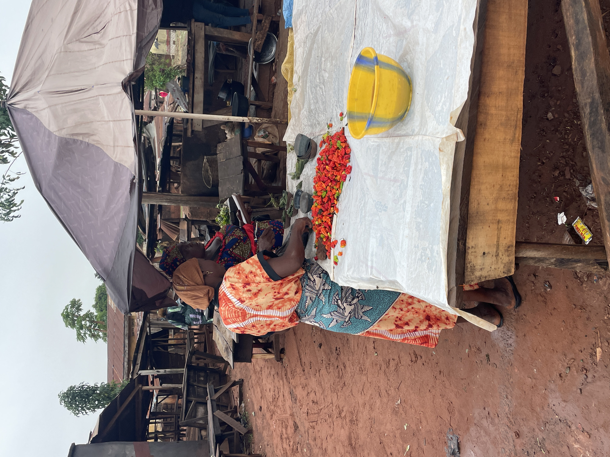 A woman in a patterned dress and head covering stands behind a table at an outdoor market in Opu, Nigeria. The table is covered with a white sheet. On the table are a pile of red and orange peppers and a yellow bucket. The market is under a makeshift shelter made of corrugated metal and tarps. The ground is red dirt.