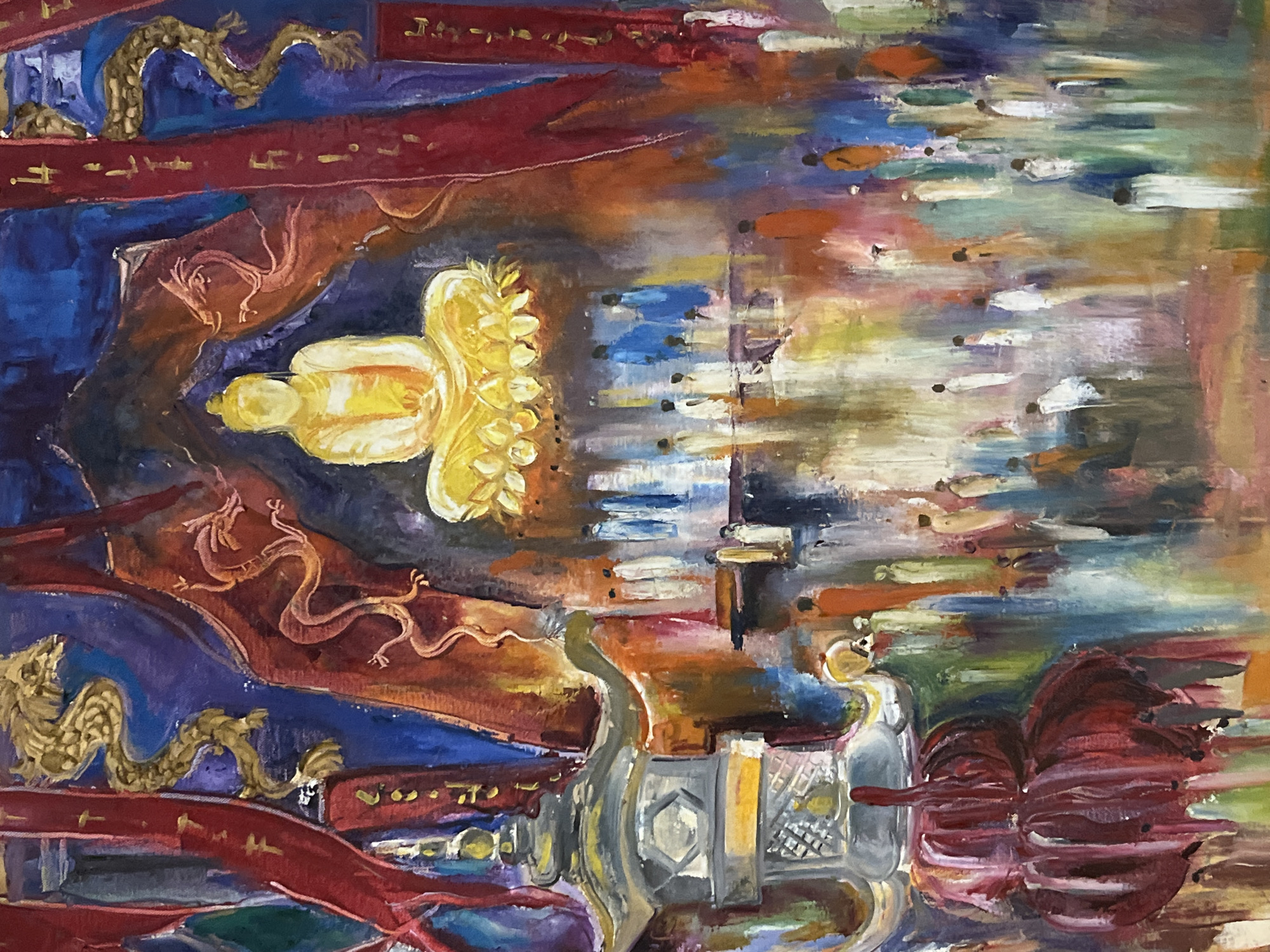 This is an oil painting depicting a Buddhist temple interior or courtyard, likely in Colombo, Sri Lanka, given the stylistic elements often found in such settings. The central focus is a large, golden Buddha statue seated on a lotus pedestal, illuminated from within. Behind the Buddha, a vibrant tapestry of red and blue drapery frames the scene, adorned with golden dragon motifs. In the foreground to the left, a traditional pagoda-style lantern, rendered in shades of grey and yellow, stands prominently. The lower portion of the painting is filled with a crowd of figures, depicted as silhouettes or loosely defined forms in various colors, suggesting a gathering of devotees. The overall impression is one of spiritual reverence and communal worship, with a rich interplay of light and color.