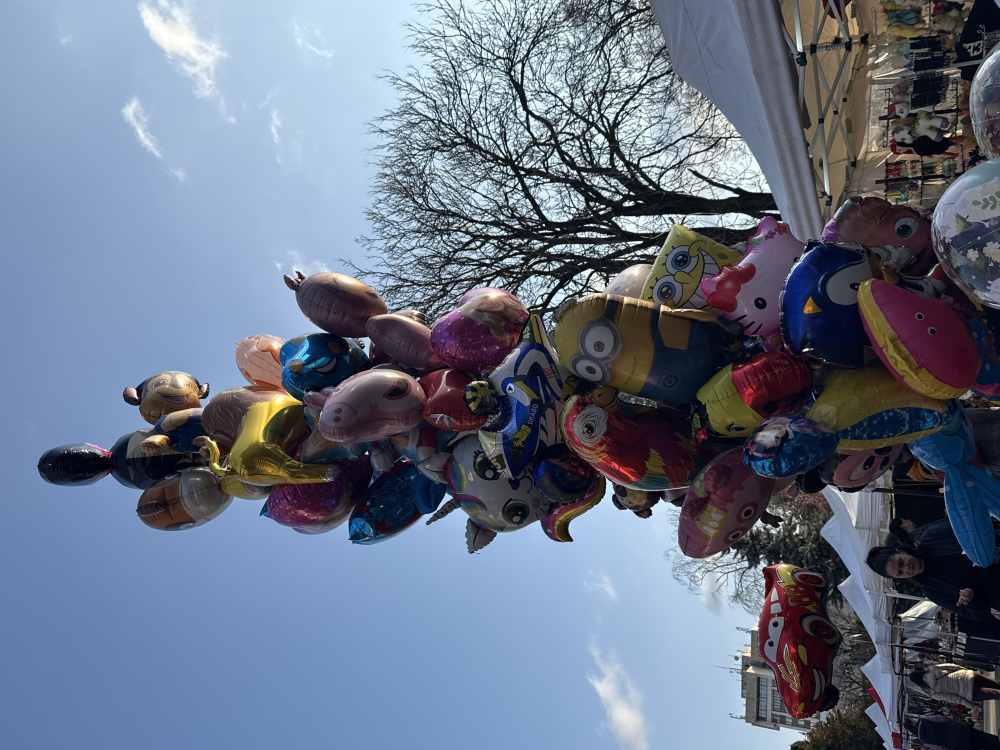 A vendor's display of character-themed balloons stands against a clear, blue sky in Lovech, Bulgaria. The assortment includes balloons shaped like Minions, Hello Kitty, cartoon animals, and various children's characters. A bare tree's branches are visible behind the balloons. A white tent frame and other vendors are partially seen to the right. A woman in a dark jacket is visible on the right. In the background, a low building and a street scene can be seen. The photograph is taken from a low angle, looking upwards at the balloons.