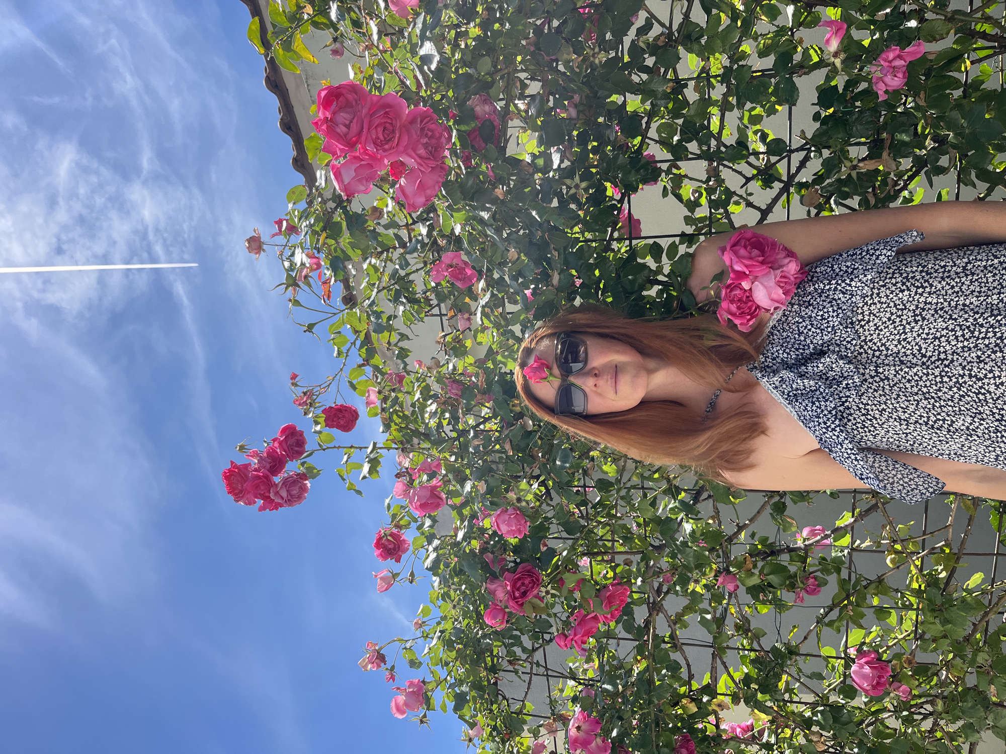A woman with red hair and sunglasses stands beside a wall covered in pink roses. She is wearing a blue and white patterned dress. The background includes a bright blue sky with a contrail, and a building with a white roof is visible behind the roses. The image is taken from a low angle, and the scene appears to be outdoors. There is no information about the city of Budva, Montenegro, in the picture.