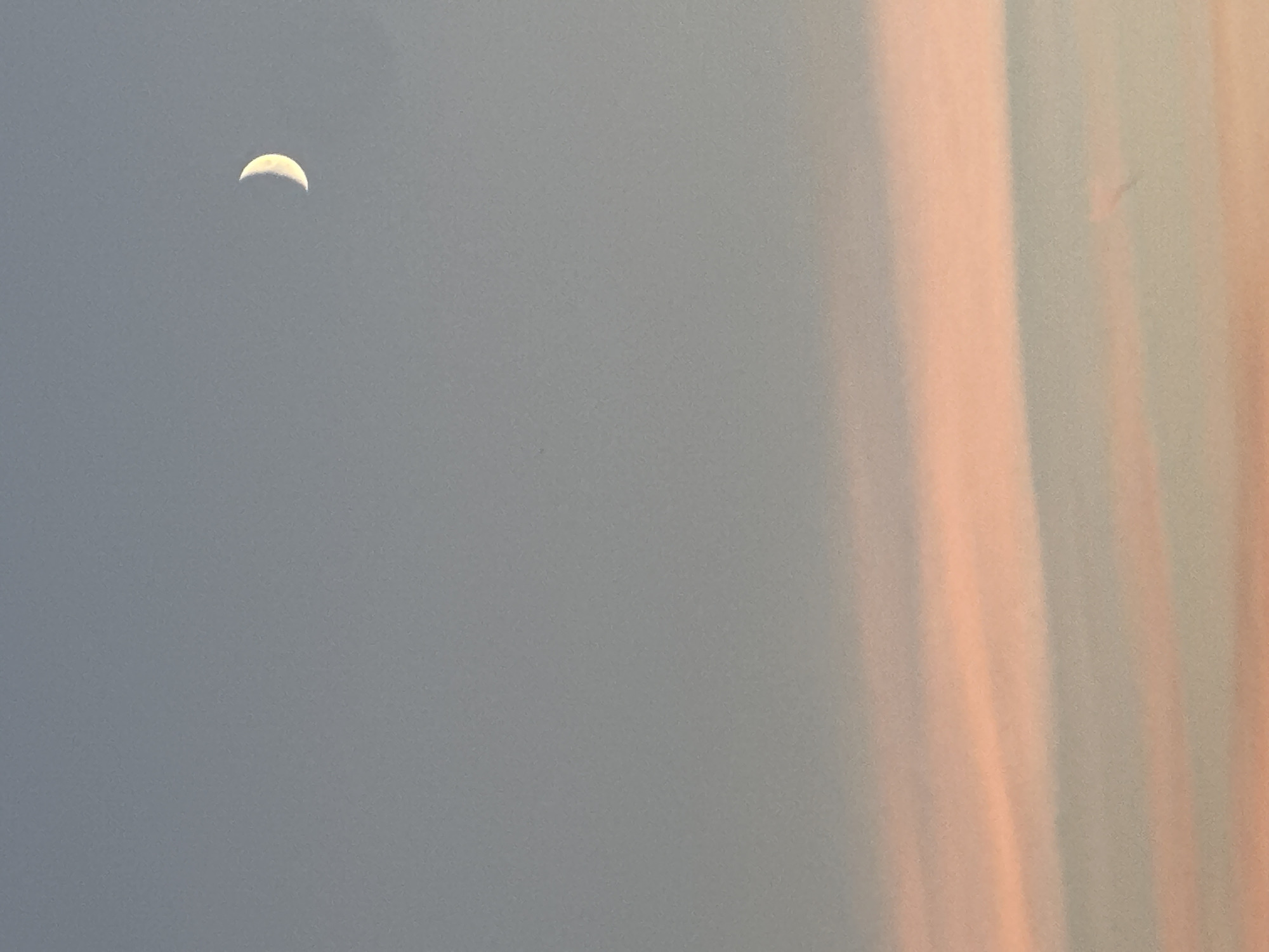 A crescent moon hangs in the upper right quadrant of a pale blue and pink sky. The sky is streaked with soft pink clouds, suggesting either sunrise or sunset. The bottom portion of the image is dominated by these horizontal bands of color. The overall mood is serene and atmospheric.