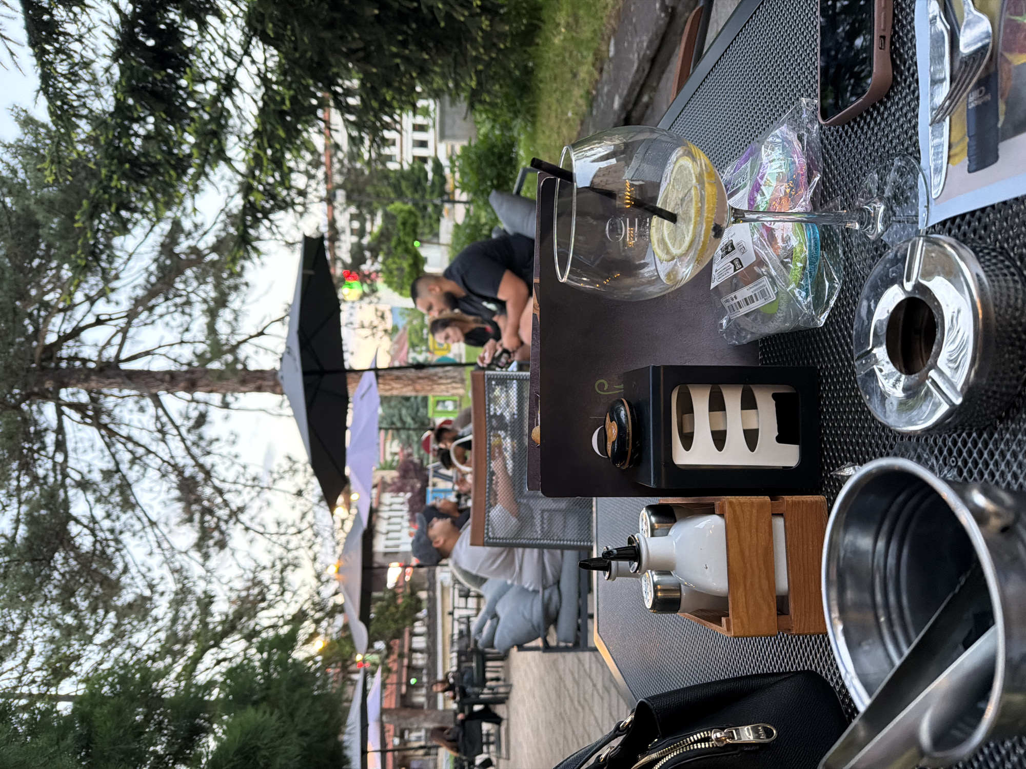 The scene depicts an outdoor cafe in Etropole, Bulgaria, observed during late afternoon or dusk. The foreground features a dark, mesh table holding various items. On the left, a black handbag with a silver zipper and a silver bucket containing tongs are visible. Centrally placed are a wooden caddy holding a metal salt shaker, a metal pepper shaker, and a white ceramic oil/vinegar dispenser with a black spout, positioned next to a black napkin holder. To the right, a silver ashtray, a wine glass containing a clear beverage with two lemon slices and a black straw (approximately one-quarter full), a clear plastic bag with colorful, iridescent contents, and a smartphone in a pink/peach case are arranged. A silver fork and knife rest on a white paper item at the bottom right.
In the midground, several groups of patrons are seated at dark-framed tables with grey-cushioned chairs and sofas, beneath dark patio umbrellas. On the left, a person in dark clothing is seated with their back to the camera. In the center, a man wearing a grey baseball cap and grey t-shirt faces right, conversing with a woman in a black top seated to his right. Further right, a bearded man in a black t-shirt faces left, engaged in interaction.
The background displays a natural setting with several large trees, including a prominent tree with a thick trunk and extensive branch structure against the sky, alongside dense evergreen foliage. Beyond the trees and greenery, multiple multi-story buildings with white facades are visible. Distant colorful lights, including red, green, and yellow, are faintly illuminated, suggesting decorative elements or distant signals. The sky is light with visible cloud cover, indicating natural illumination during a transitional period of the day.