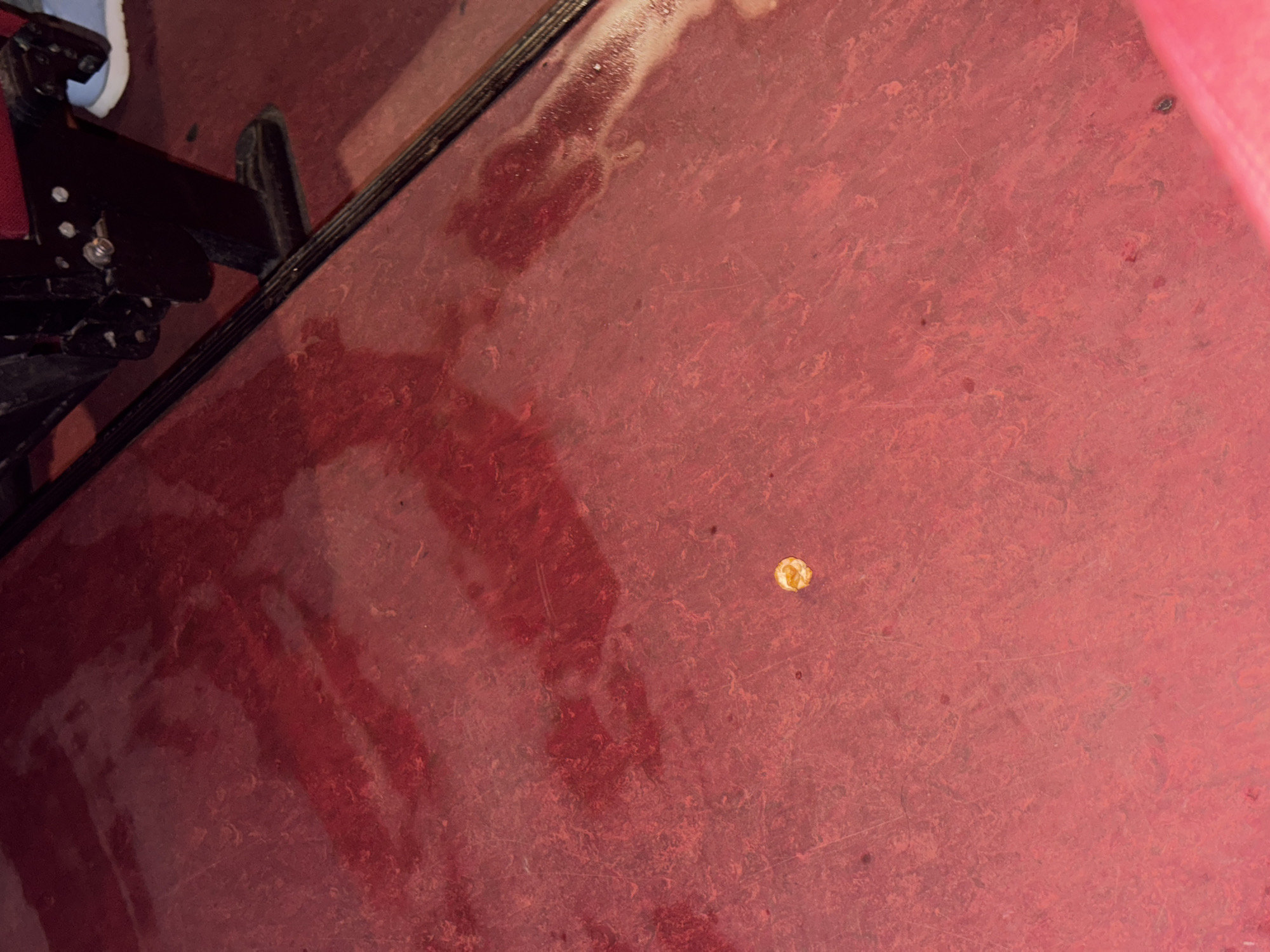 The image shows a close-up of a dirty, red, and worn surface. A black metallic structure with some red components is visible in the upper left corner. There is a small, round, gold-colored object in the central-right area of the red surface. Smudges, spots, and signs of wear are spread across the red surface. The location is unknown.
