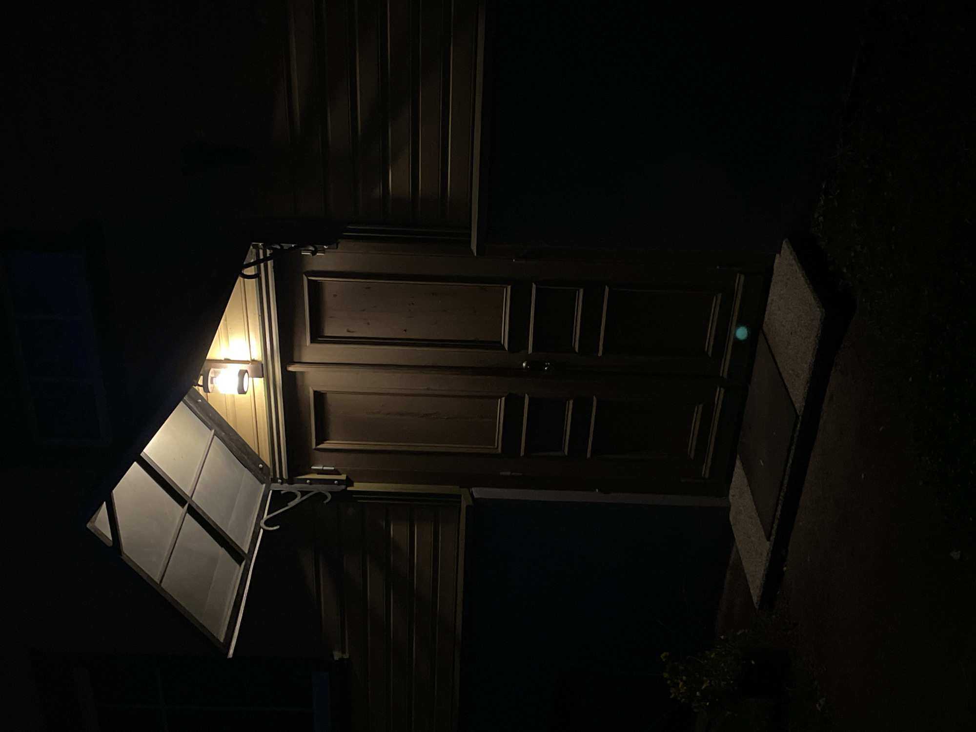 The image depicts a dark, exterior scene at night, likely in Tallinn, Estonia. A double wooden door, dark brown in color with recessed panels, is centrally located. Above the door, a peaked awning with translucent panels is installed. A lantern-style light fixture hangs from the awning, emitting a warm glow. To the left of the door, a small, dark doormat rests on a concrete base. A patch of dark green grass and a small plant are visible to the far left. The building exterior, to which the door and awning are attached, appears to be clad in horizontal wooden siding, also dark brown. The overall lighting is dim, with the primary illumination coming from the awning light, casting shadows.